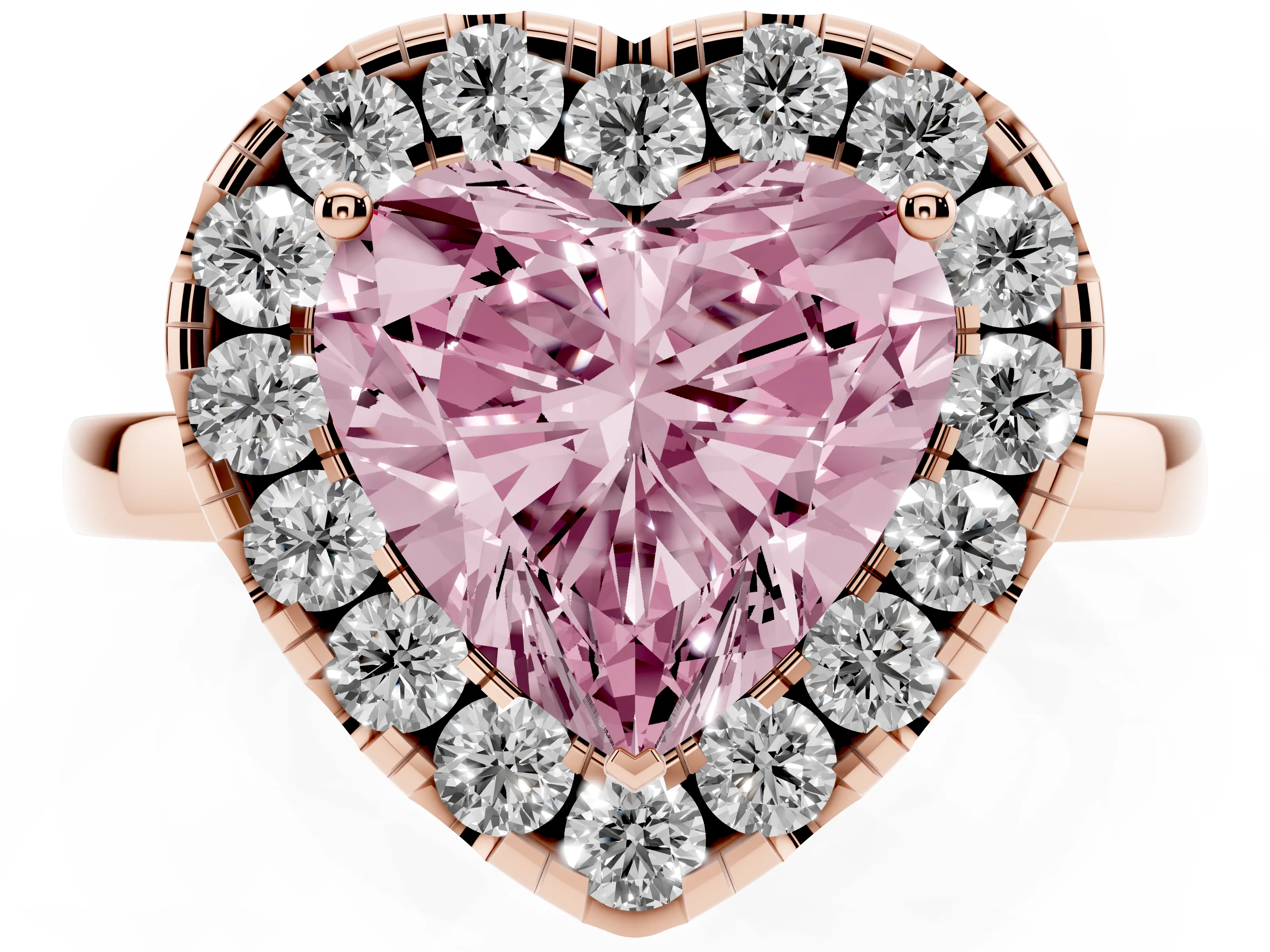 Fancy Pink Heart Cut Diamond Halo Solitaire Ring Set in Rose gold with Pavé Band and Prong Setting