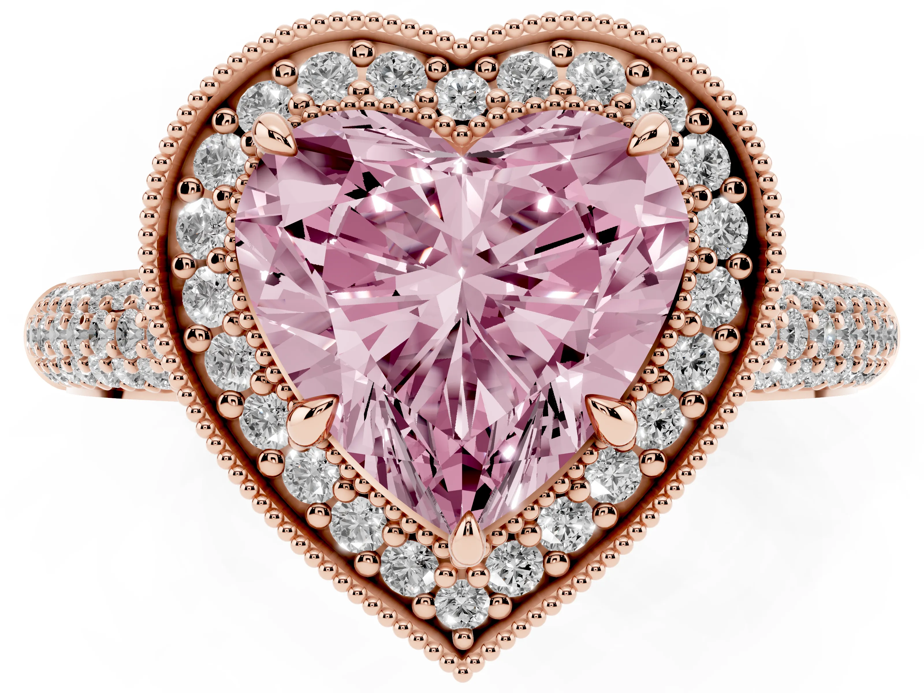Fancy Pink Heart Cut Diamond Halo Pavé Band Set in Rose gold with Prong Setting