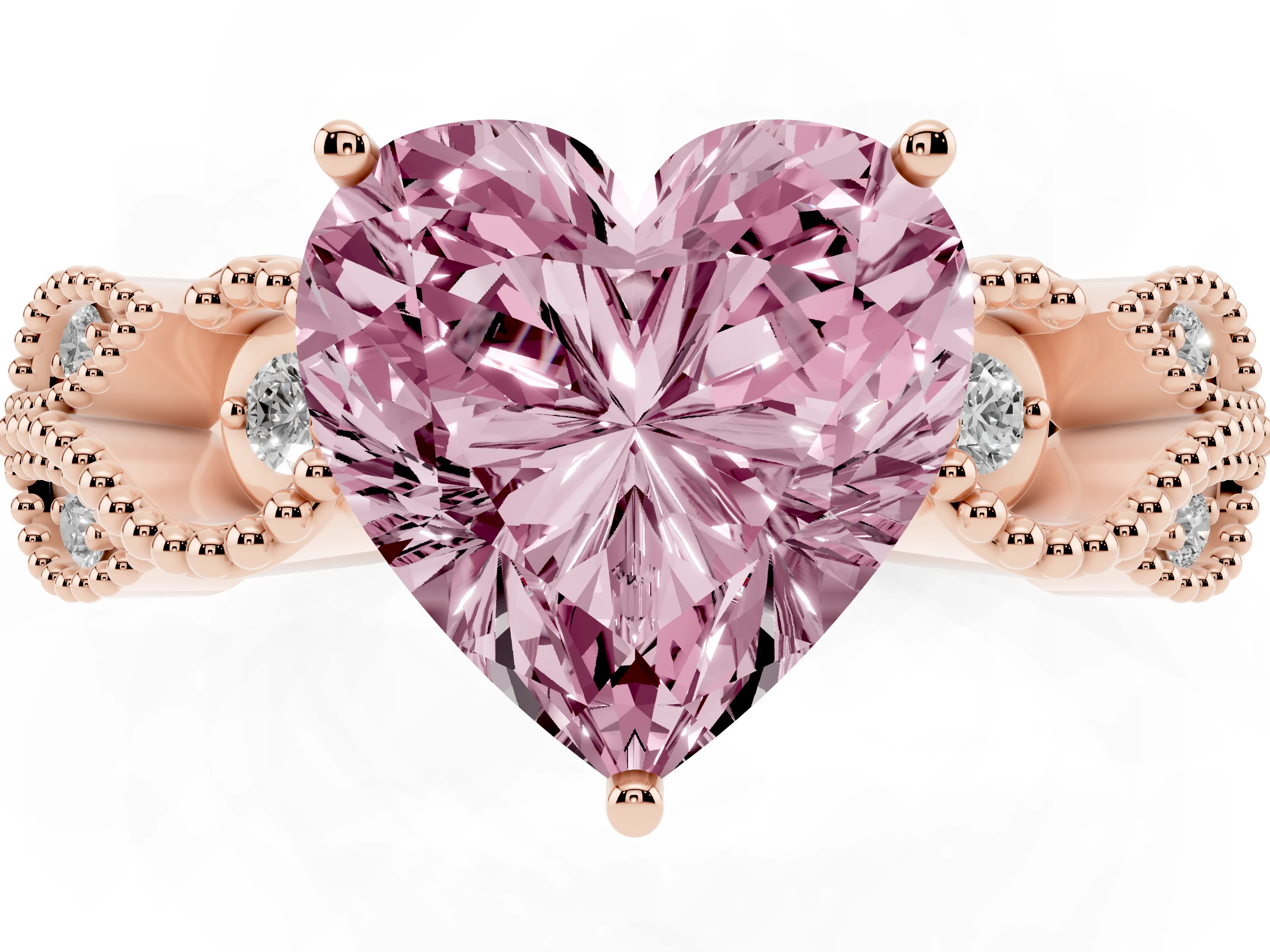 Fancy Pink Heart Cut Diamond Milgrain Leaf Band Solitaire Ring Set in Rose gold with Accent Stones and Prong Setting