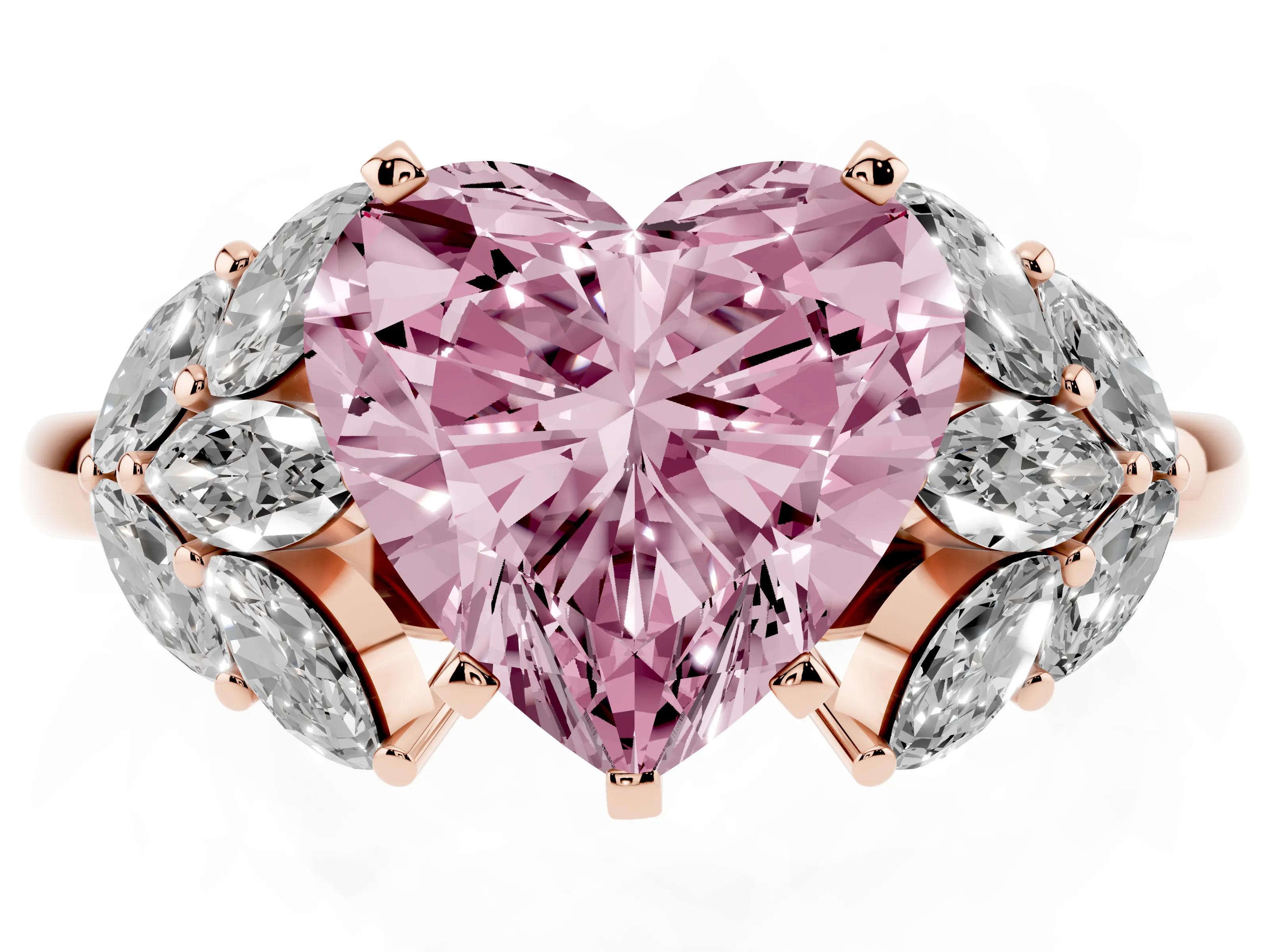 Fancy Pink Heart Cut Diamond Cluster Leaf Design Ring Set in Rose gold with Prong Setting