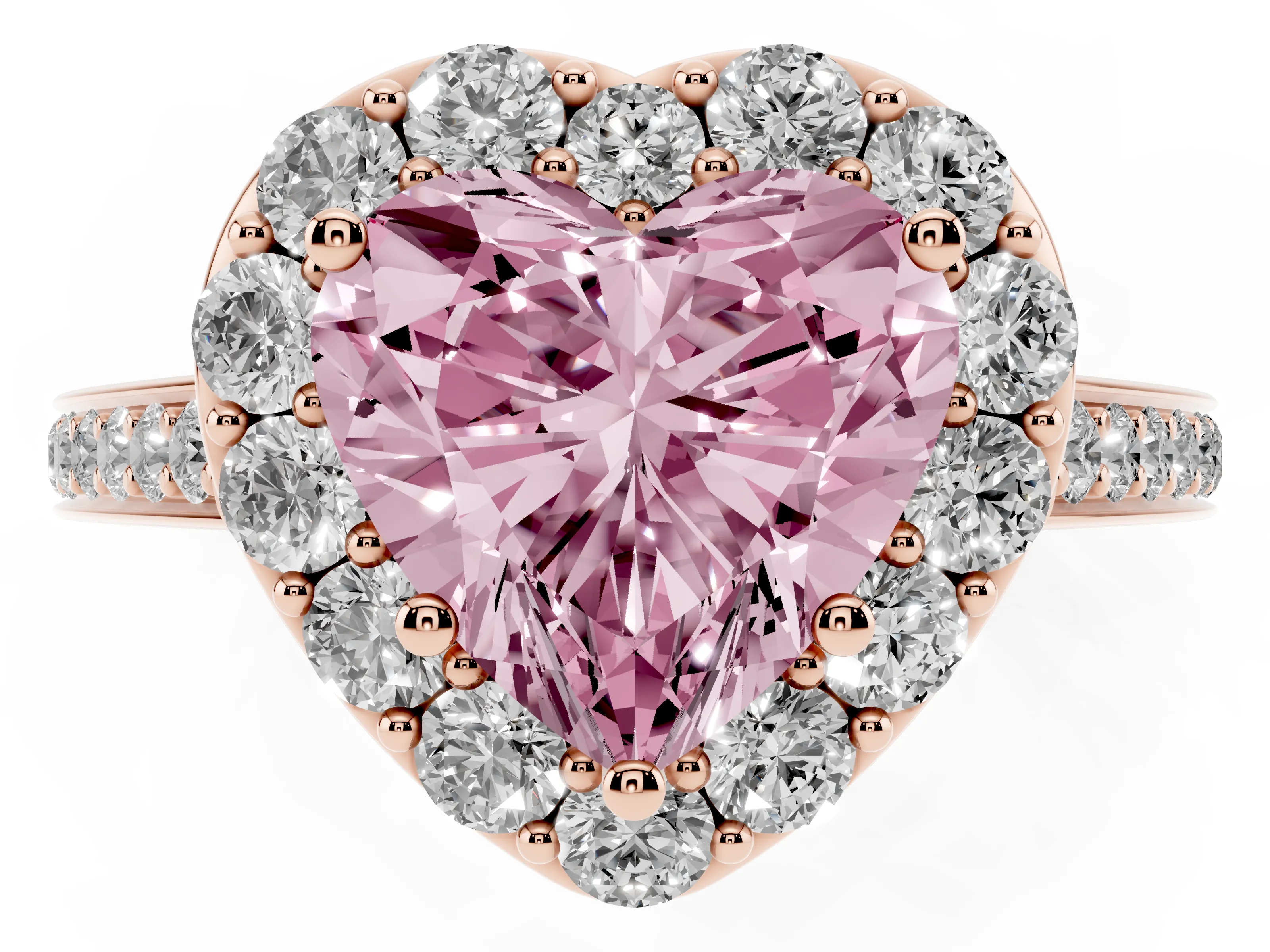 Fancy Pink Heart Cut Diamond Floral Halo Ring Set in Rose gold with Pavé Band and Prong Setting