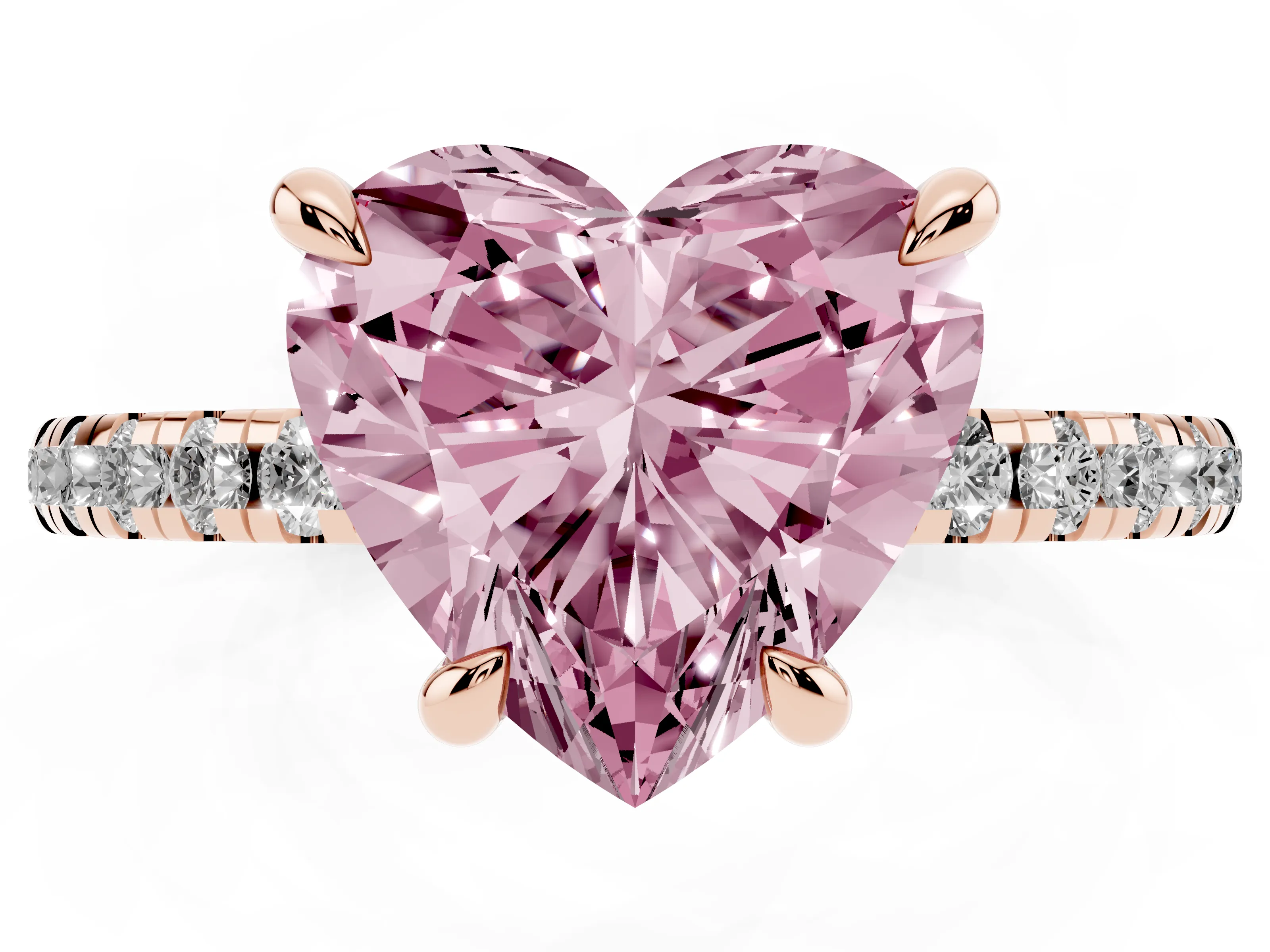 Fancy Pink Heart Cut Diamond Brilliant Solitaire Ring Set in Rose gold with Pavé Band and Prong Setting