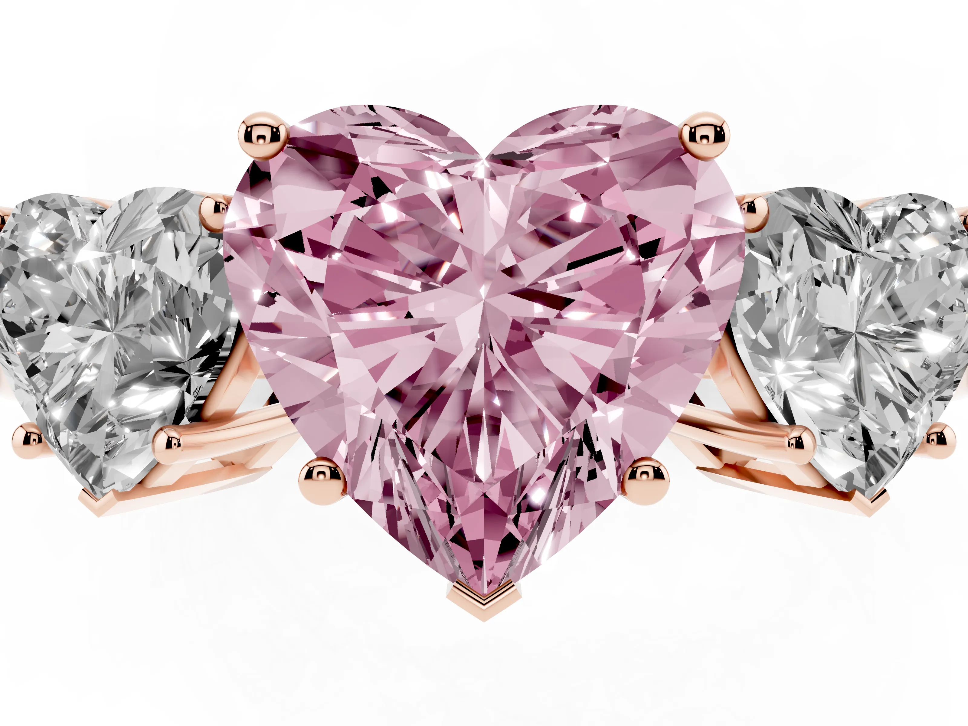 Fancy Pink Heart Cut Diamond Three-Stone Engagement Ring Set in Rose gold with Flat Band