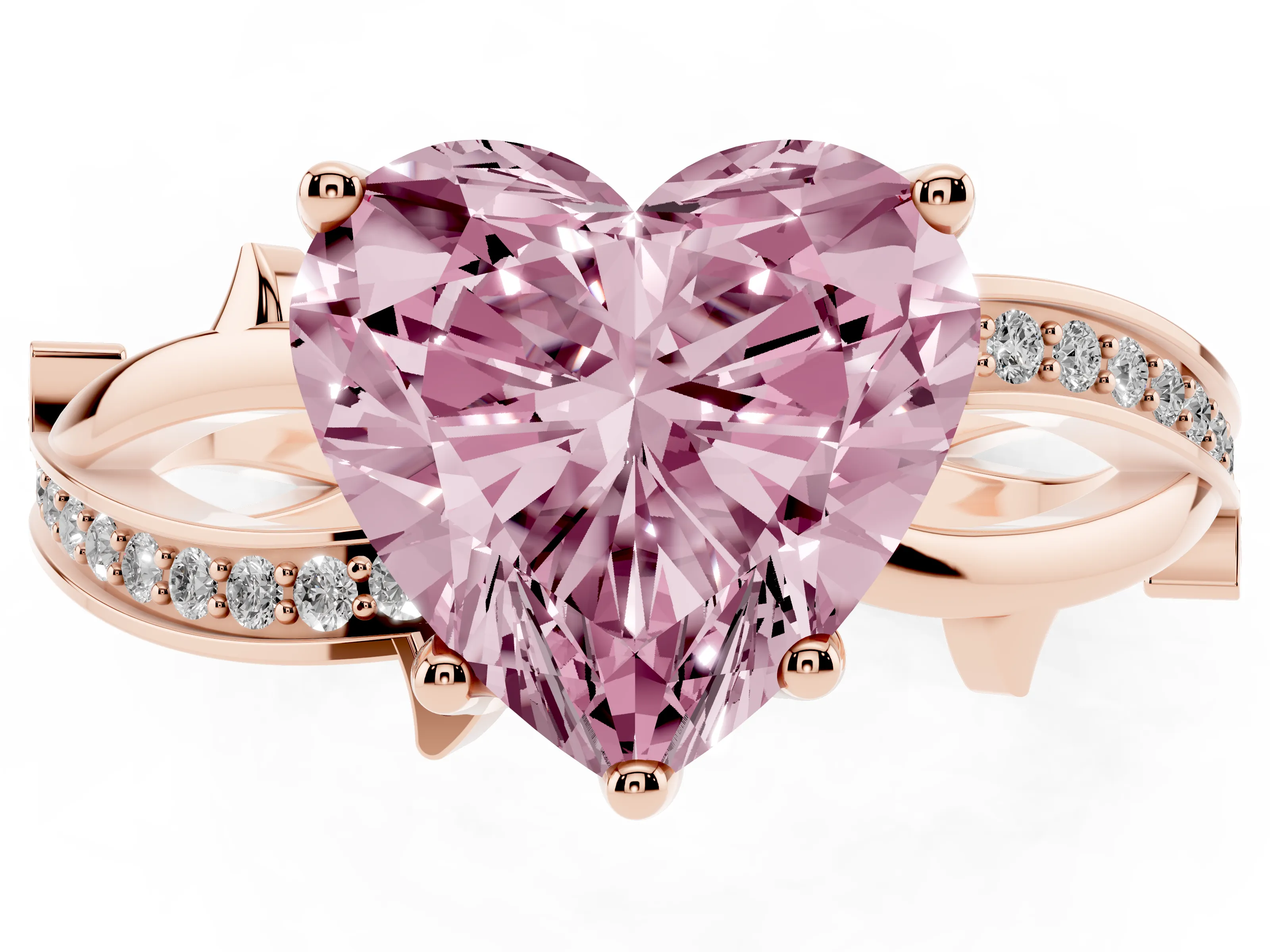 Fancy Pink Heart Cut Diamond Pavé Twist Band Solitaire Ring Set in Rose gold with Prong Setting