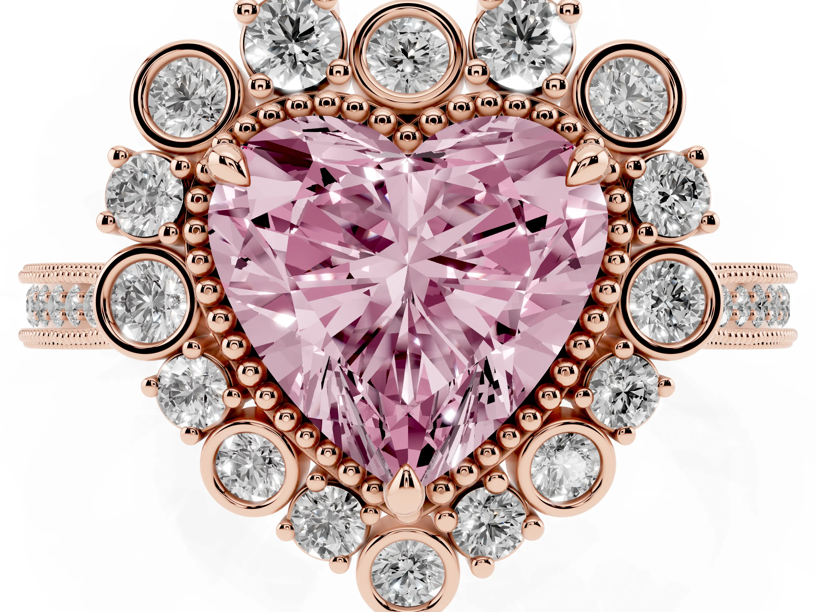 Fancy Pink Heart Cut Diamond Halo Milgrain Pavé Ring Set in Rose gold with Prong Setting
