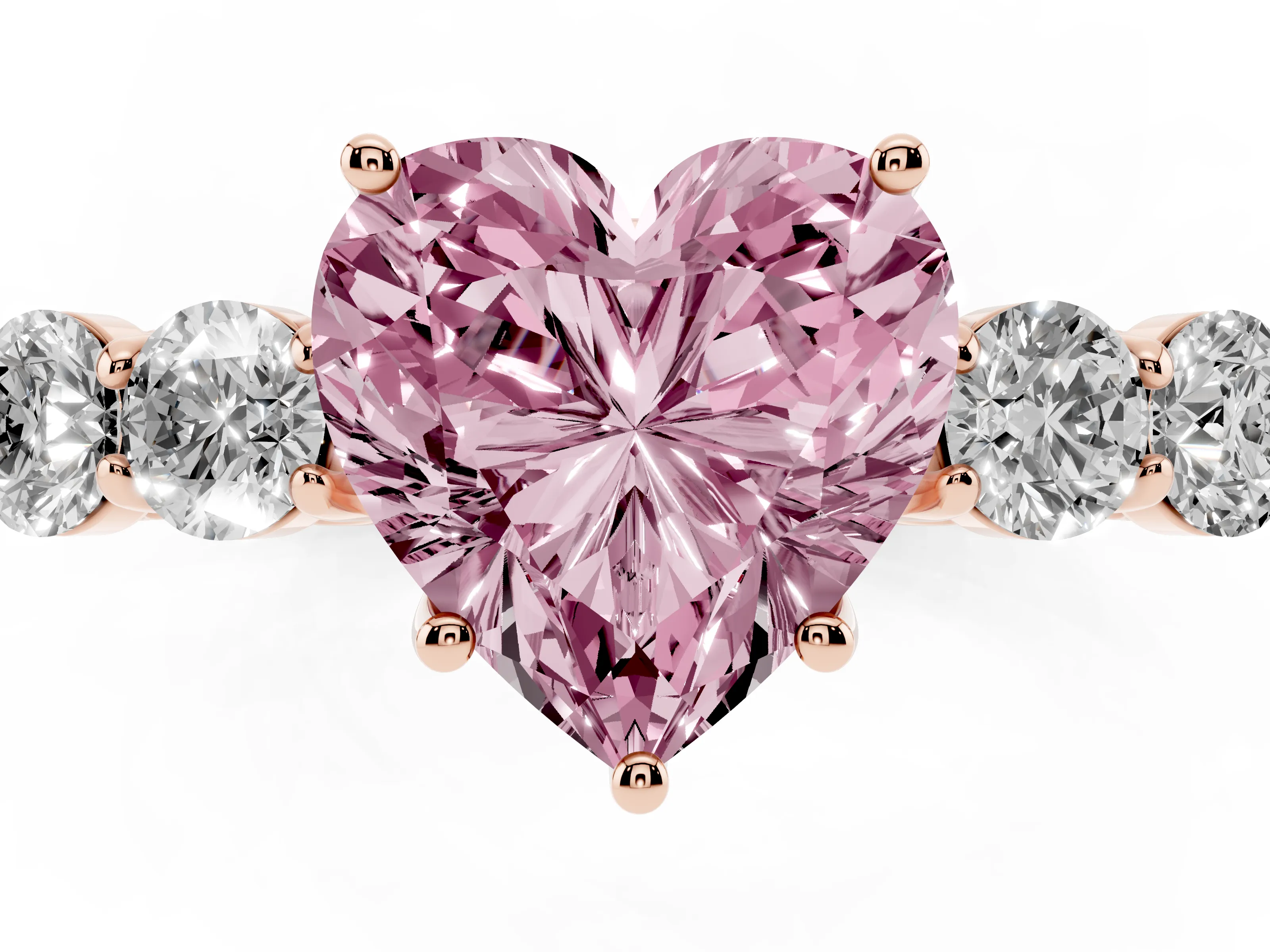 Fancy Pink Heart Cut Diamond Five-Stone Prong Set Band Ring Set in Rose gold with Polished Band