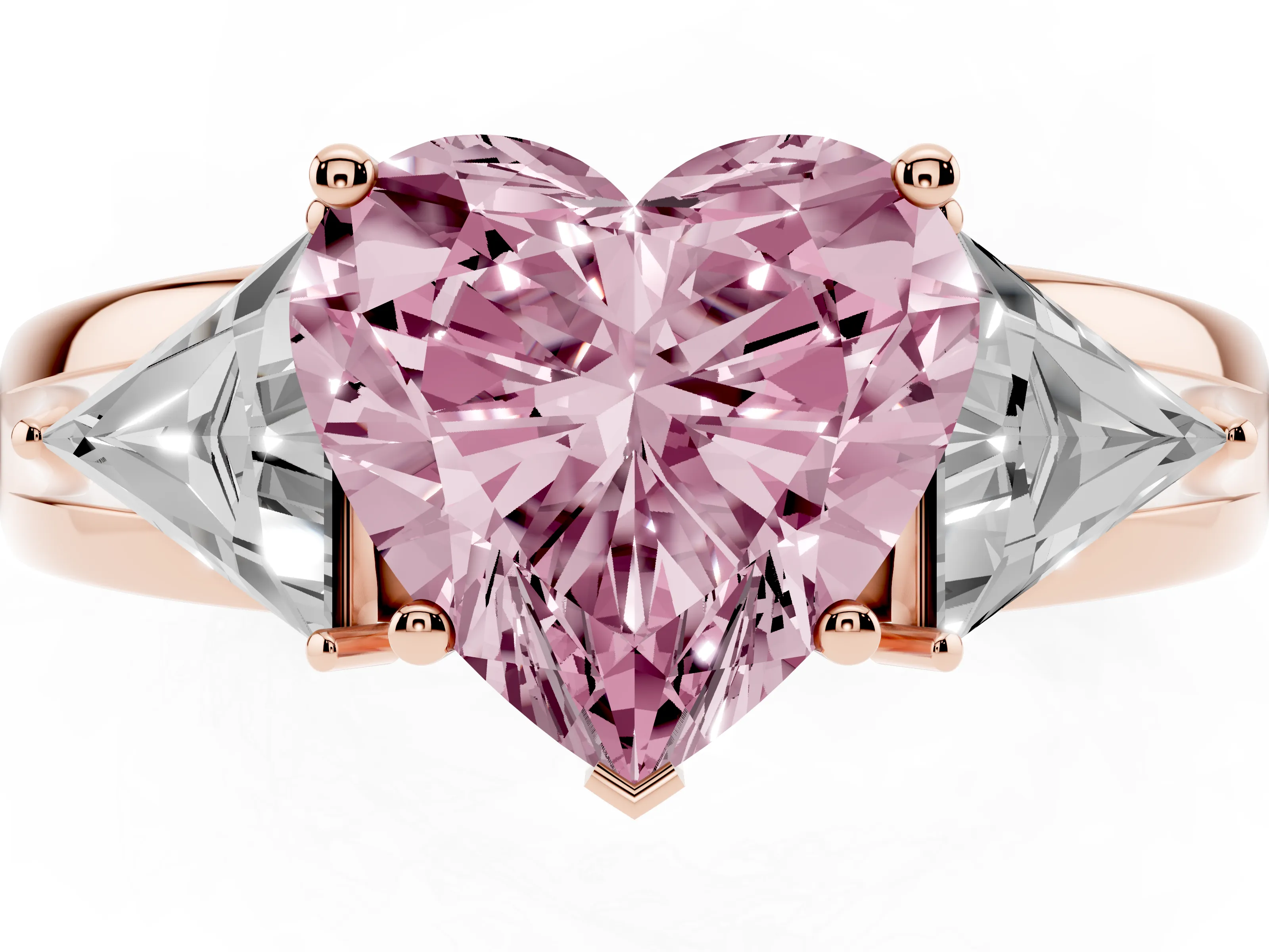 Fancy Pink Heart Cut Diamond Three-Stone Ring Set in Rose gold with Trillion Side Stones and Split Shank