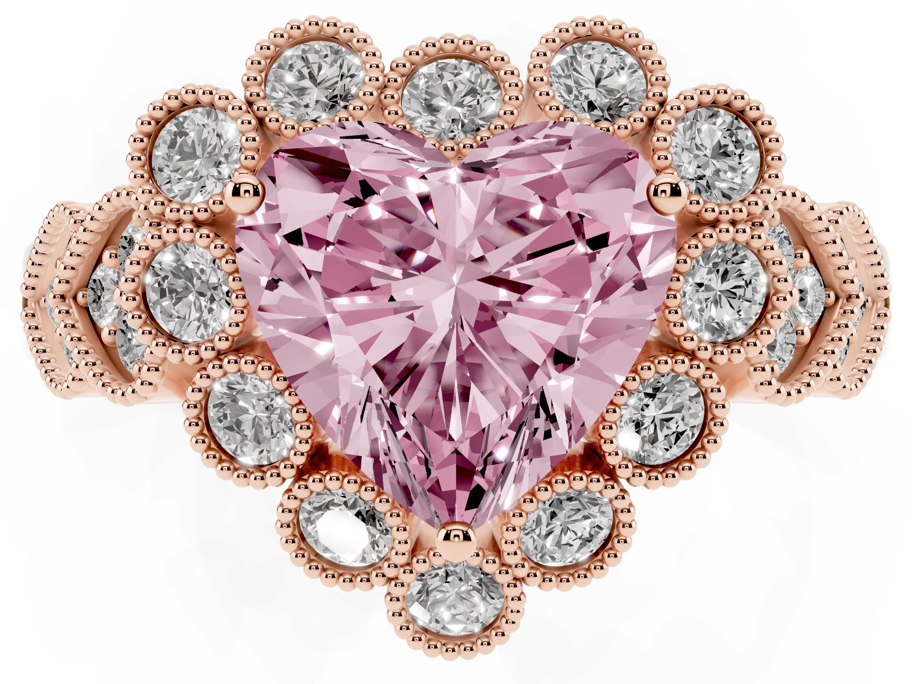 Fancy Pink Heart Cut Diamond Solitaire Ring Set in Rose gold with Milgrain Pavé Heart Band