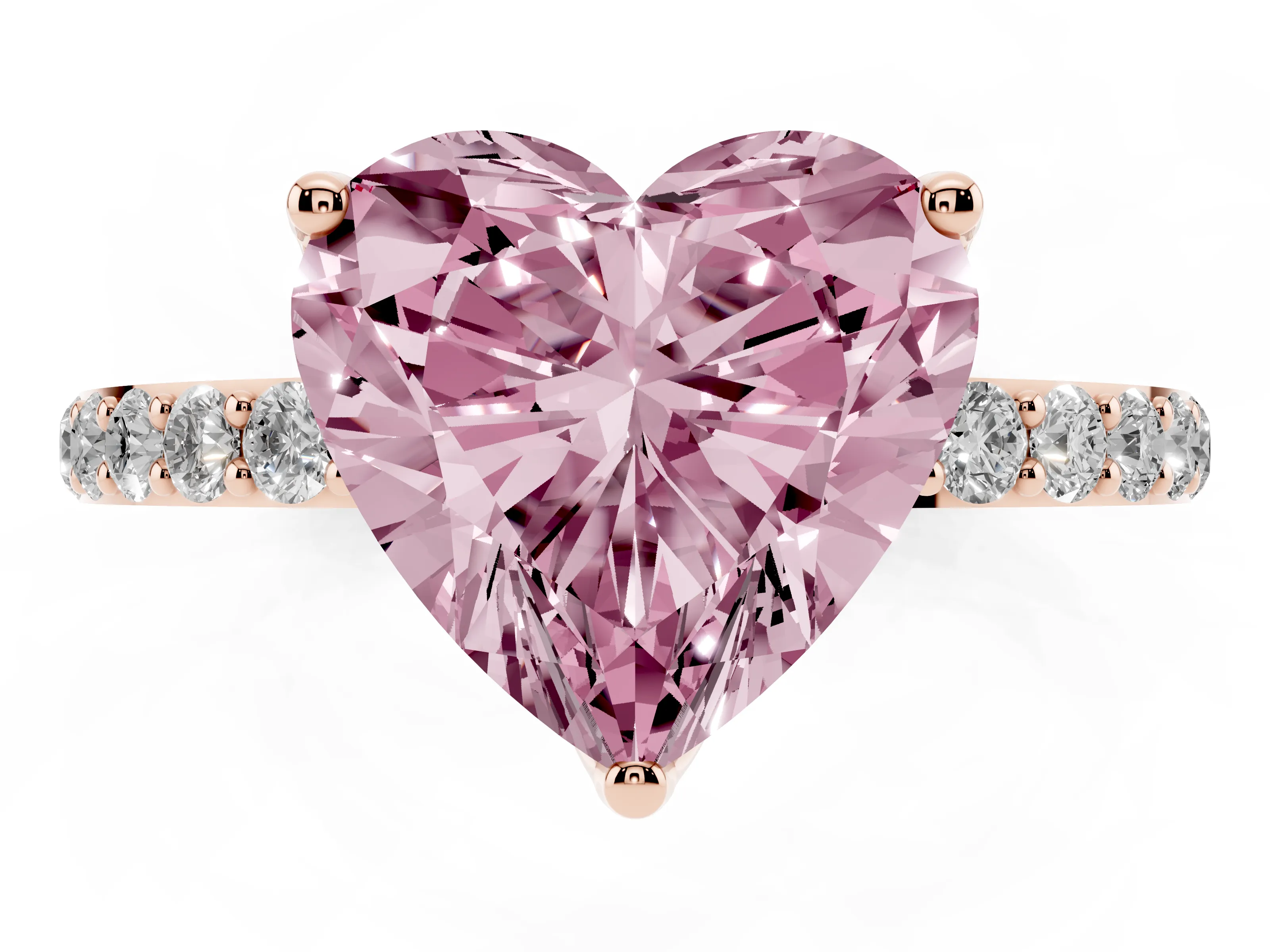 Fancy Pink Heart Cut Diamond Solitaire Engagement Ring Set in Rose gold with Round Pavé Band and Prong Setting
