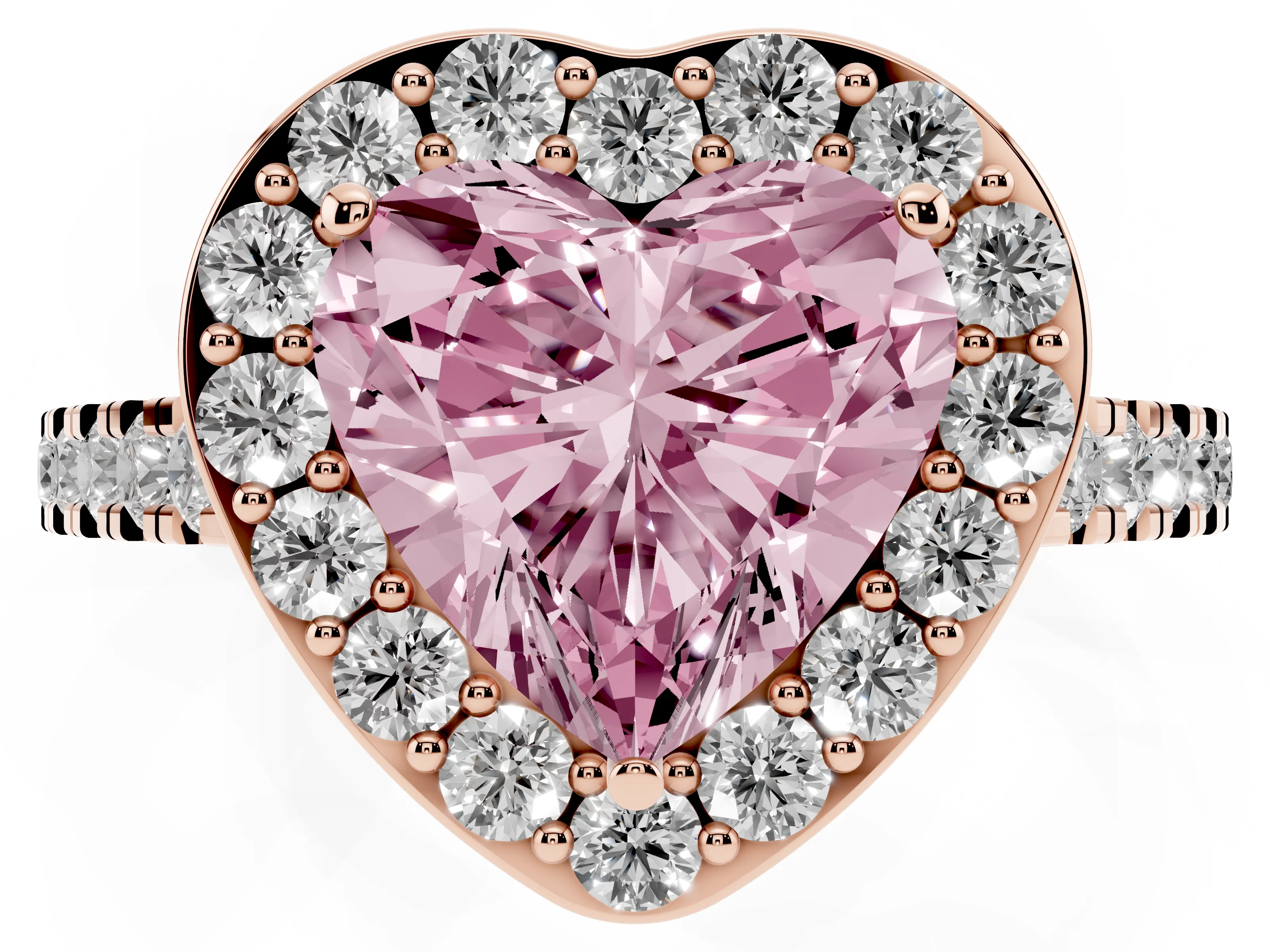 Fancy Pink Heart Cut Diamond Halo Ring Set in Rose gold with Round Pavé Split Shank and Prong Setting