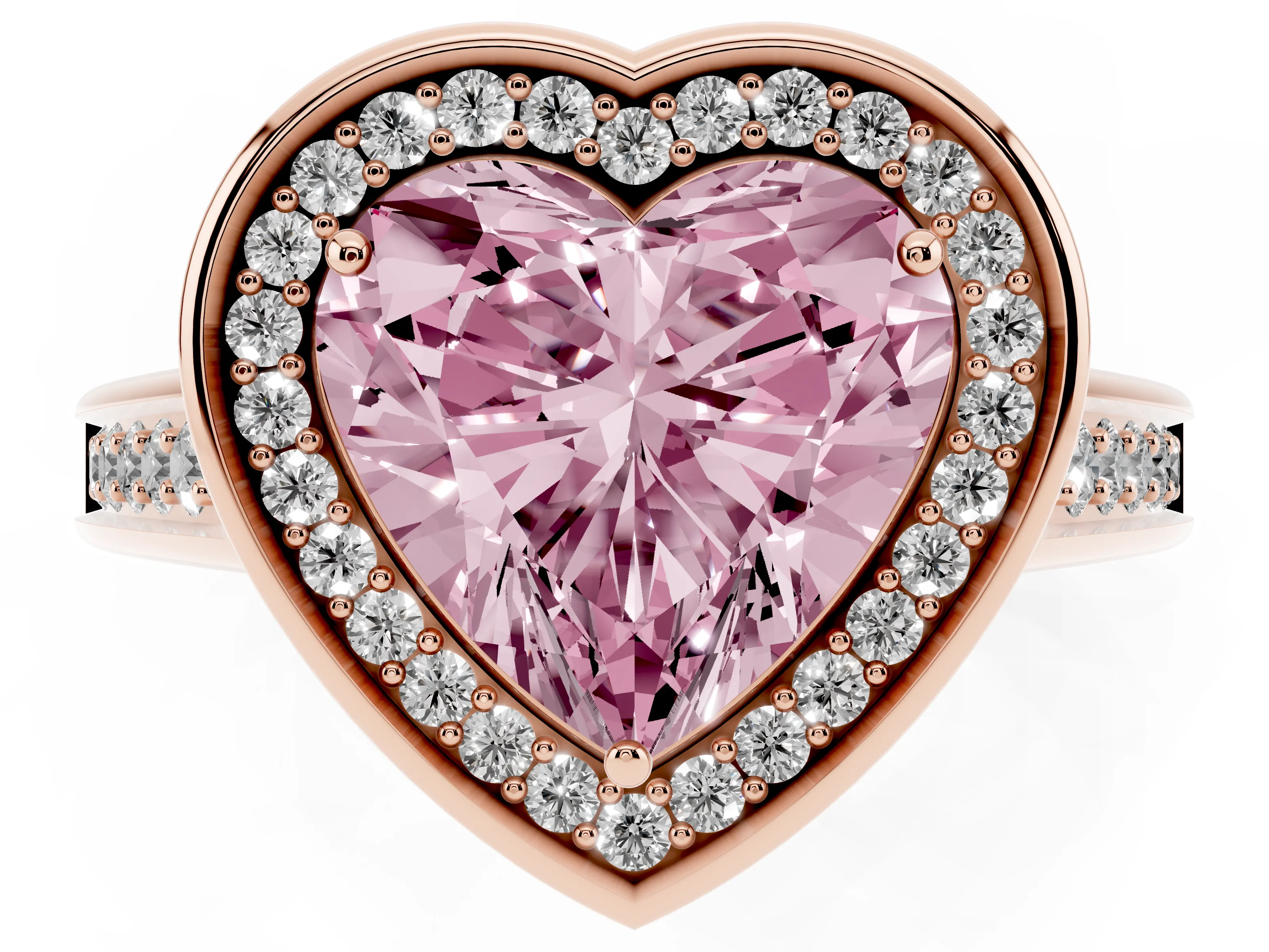 Fancy Pink Heart Cut Diamond Halo Solitaire Ring Set in Rose gold with Pavé Band and Bezel Setting