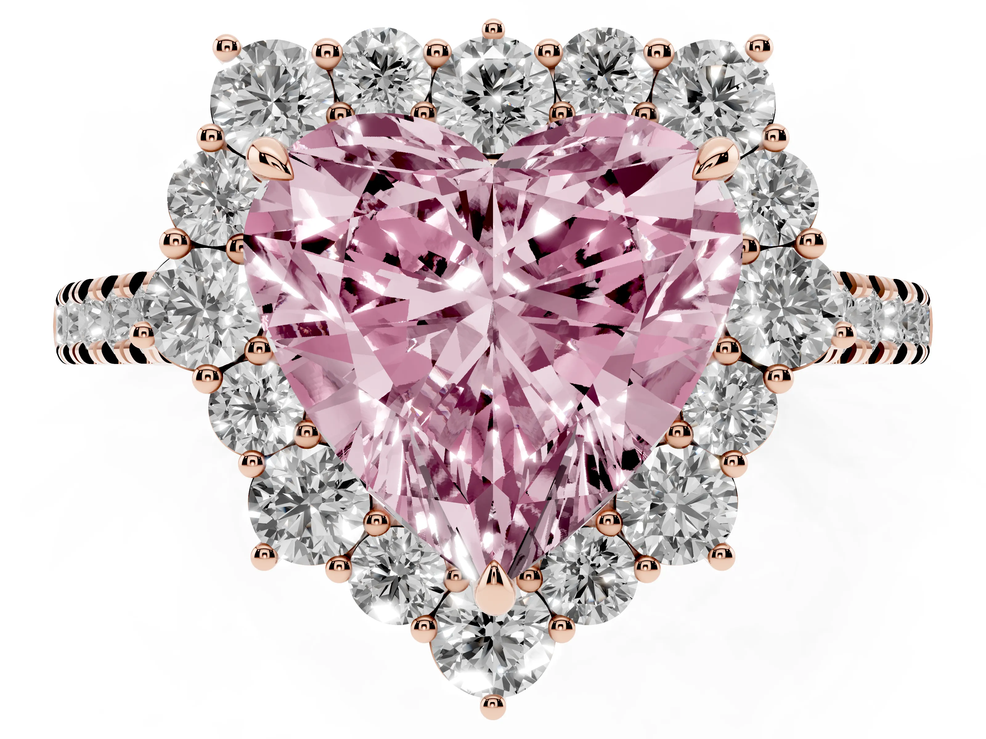 Fancy Pink Heart Cut Diamond Halo Ring Set in Rose gold with Pavé Band and Prong Setting