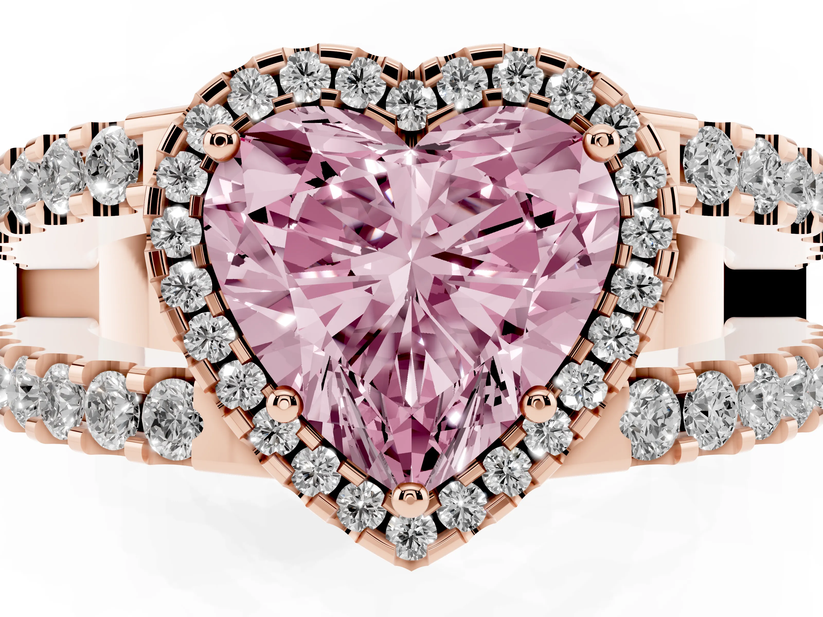 Fancy Pink Heart Cut Diamond Halo Ring Set in Rose gold with Pavé Split Shank and Prong Setting