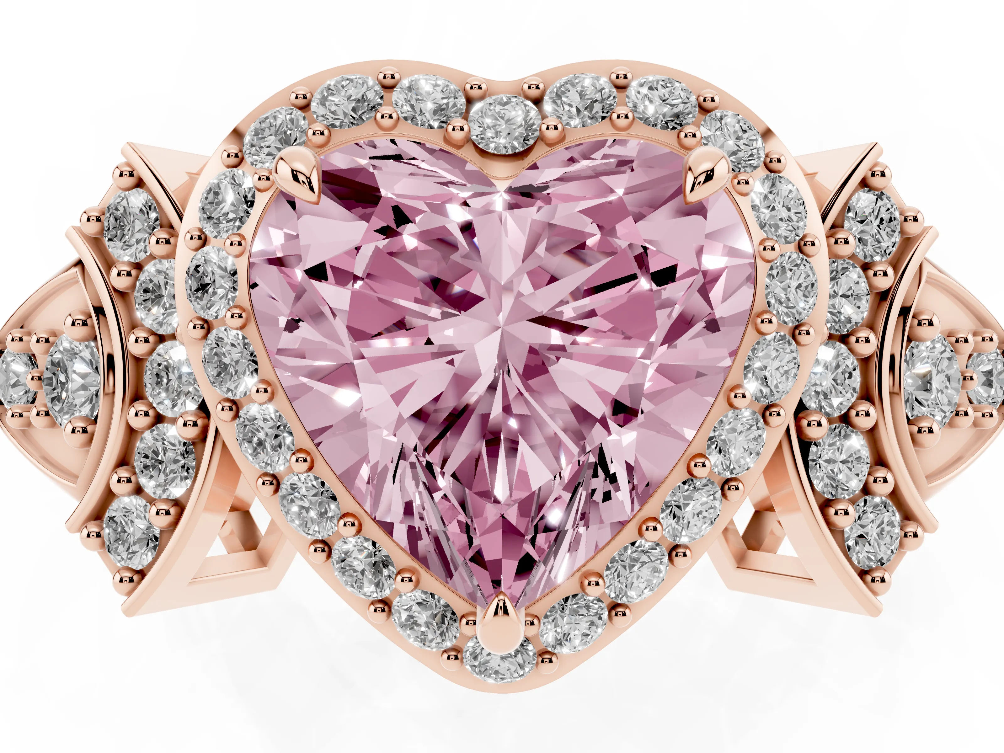 Fancy Pink Heart Cut Diamond Halo Engagement Ring Set in Rose gold with Accent Stone Split Shank