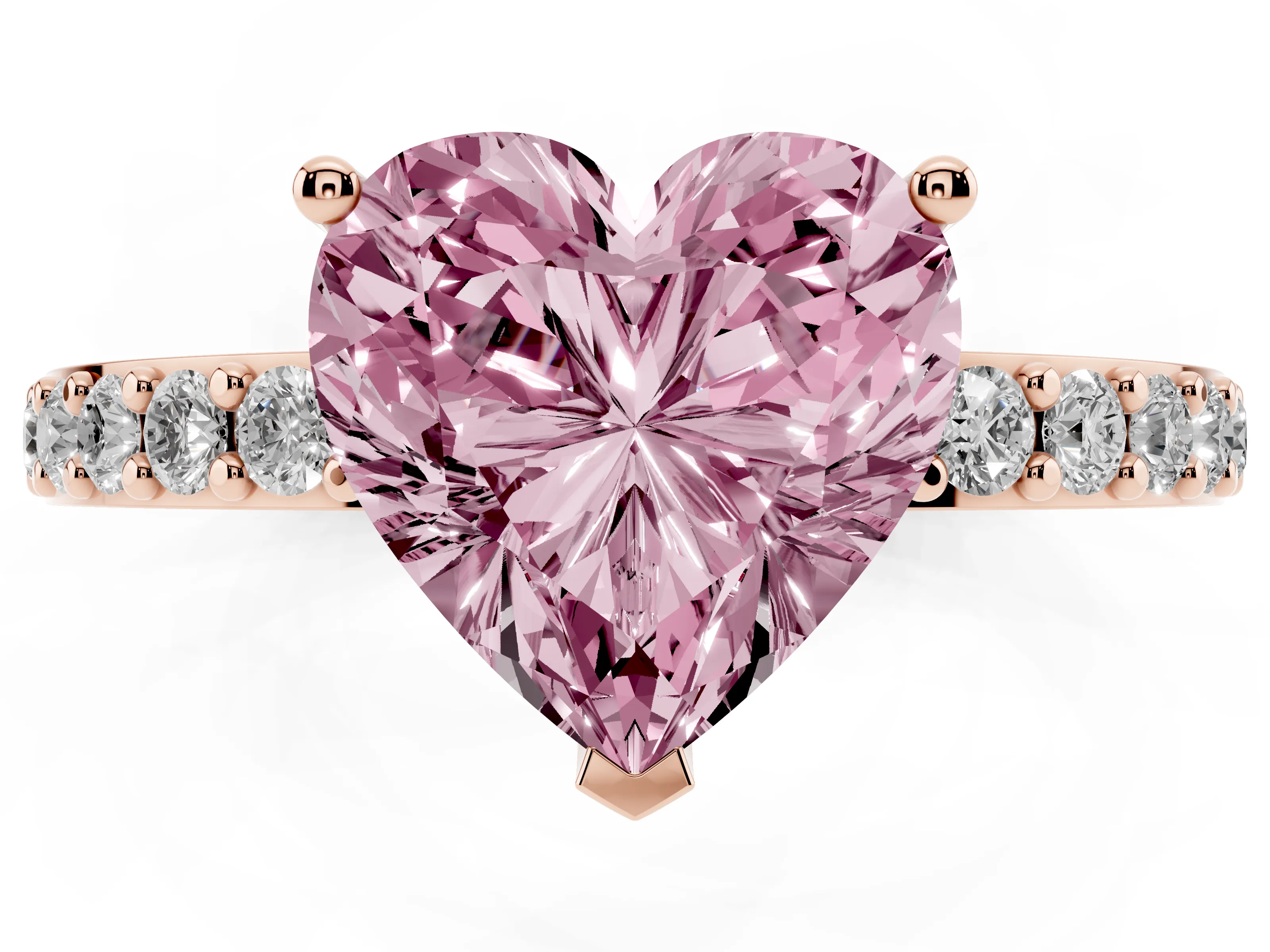 Fancy Pink Heart Cut Diamond Solitaire Set in Rose gold with Round Pavé Band and Prong Setting