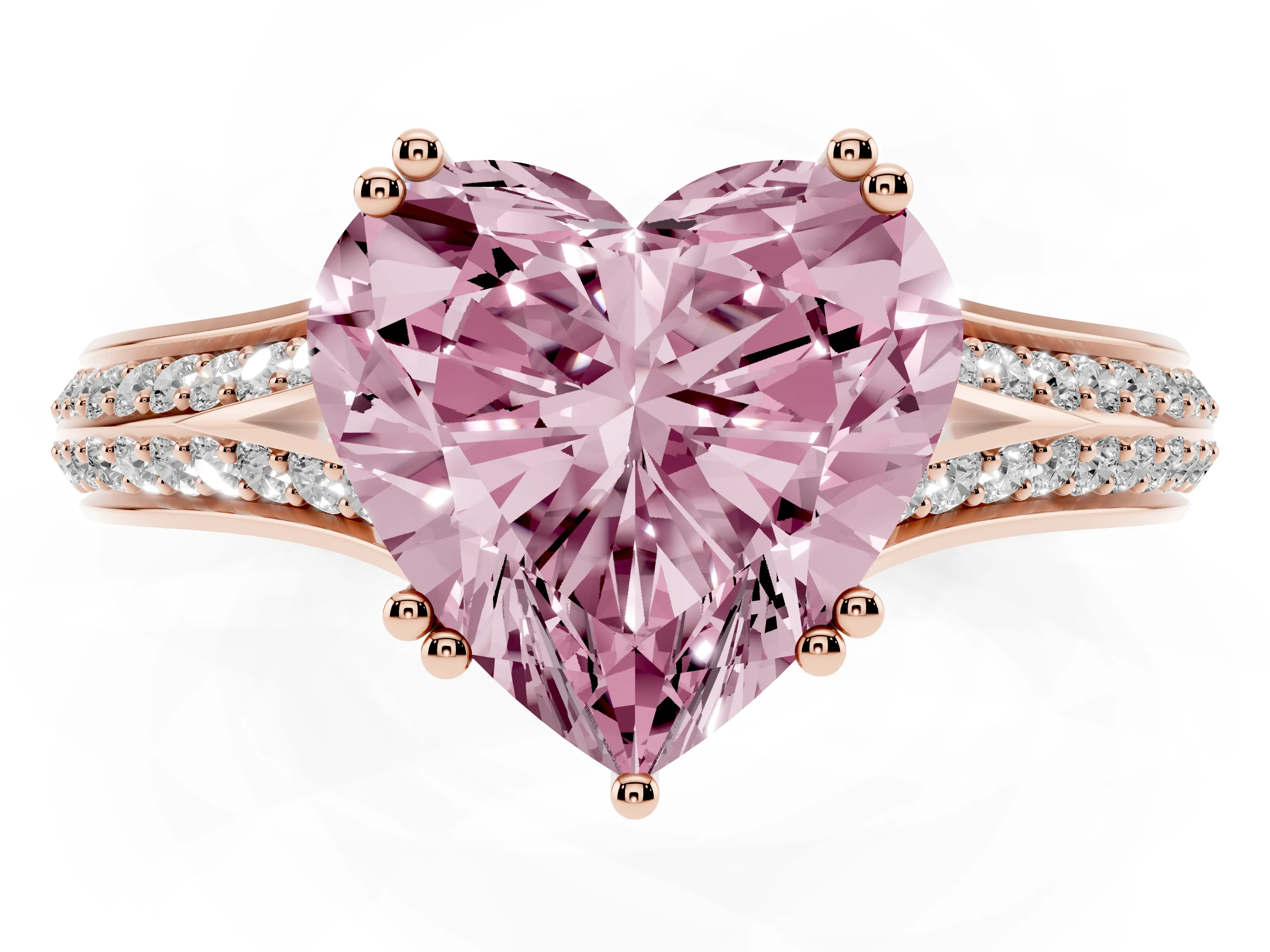 Fancy Pink Heart Cut Diamond Split Shank Pavé Engagement Ring Set in Rose gold with Prong-Set Center Stone