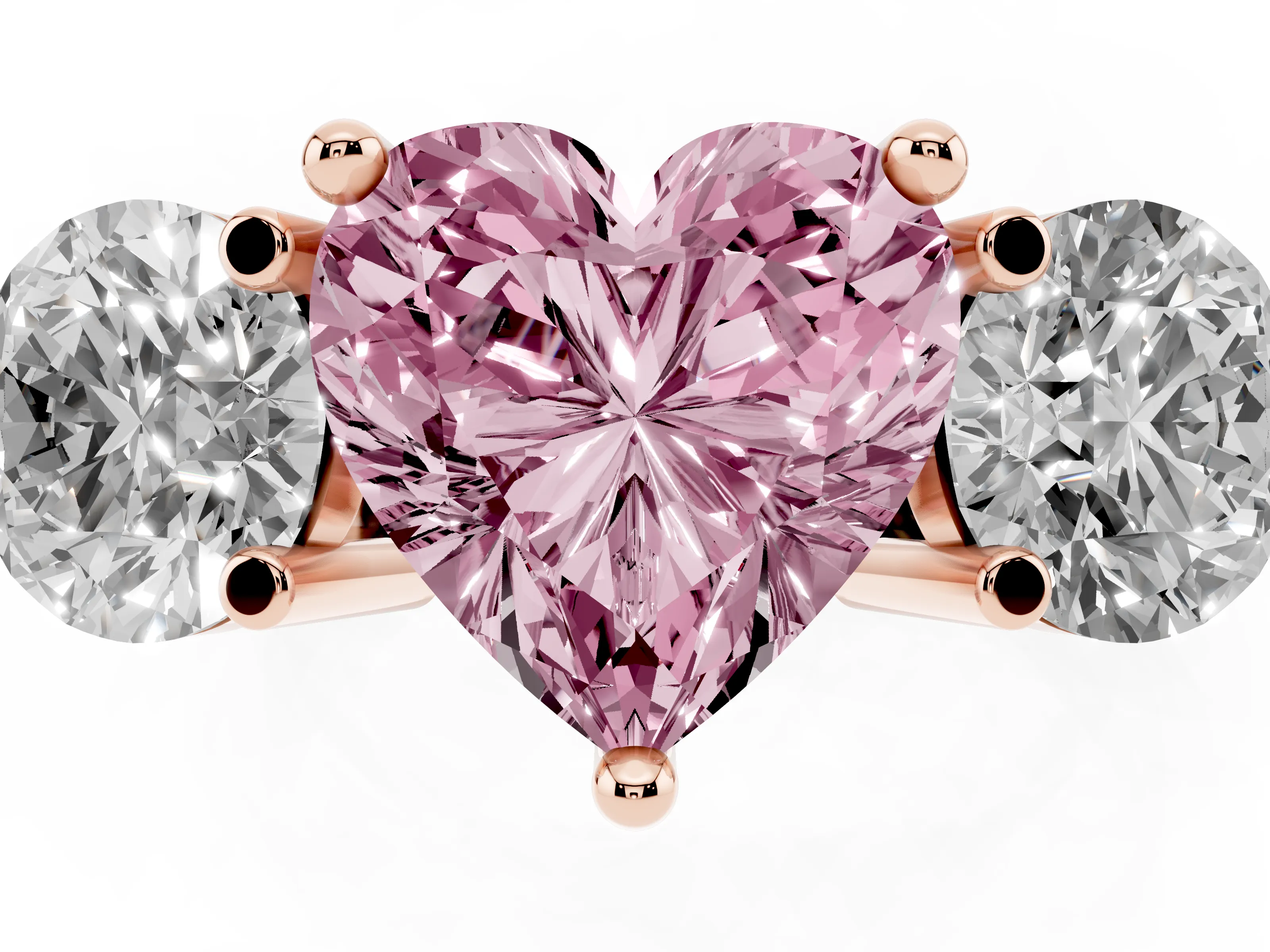 Fancy Pink Heart Cut Diamond Three-Stone Ring Set in Rose gold with Prong Setting and Classic Band