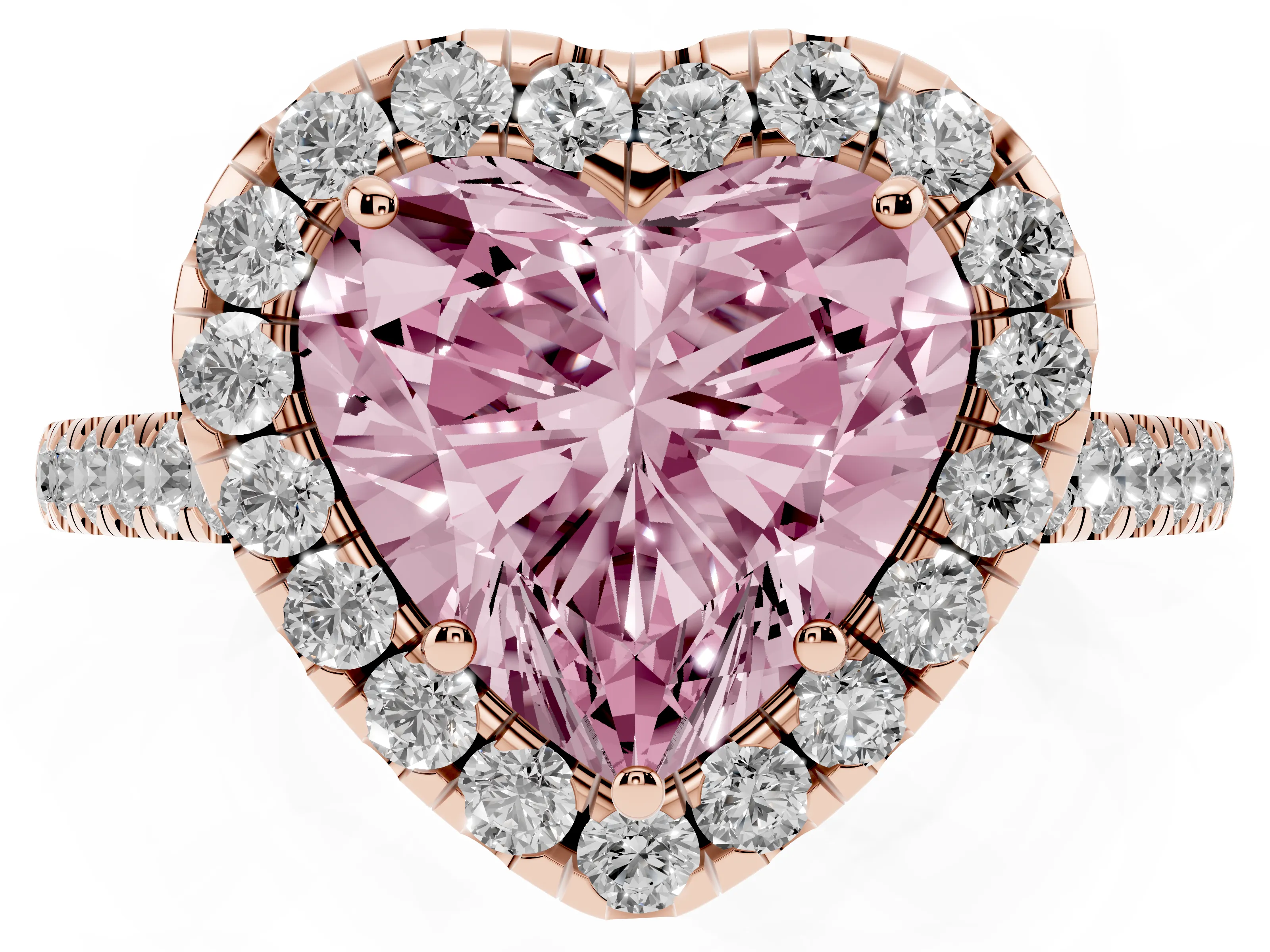 Fancy Pink Heart Cut Diamond Halo Pavé Engagement Ring Set in Rose gold with Prong Setting