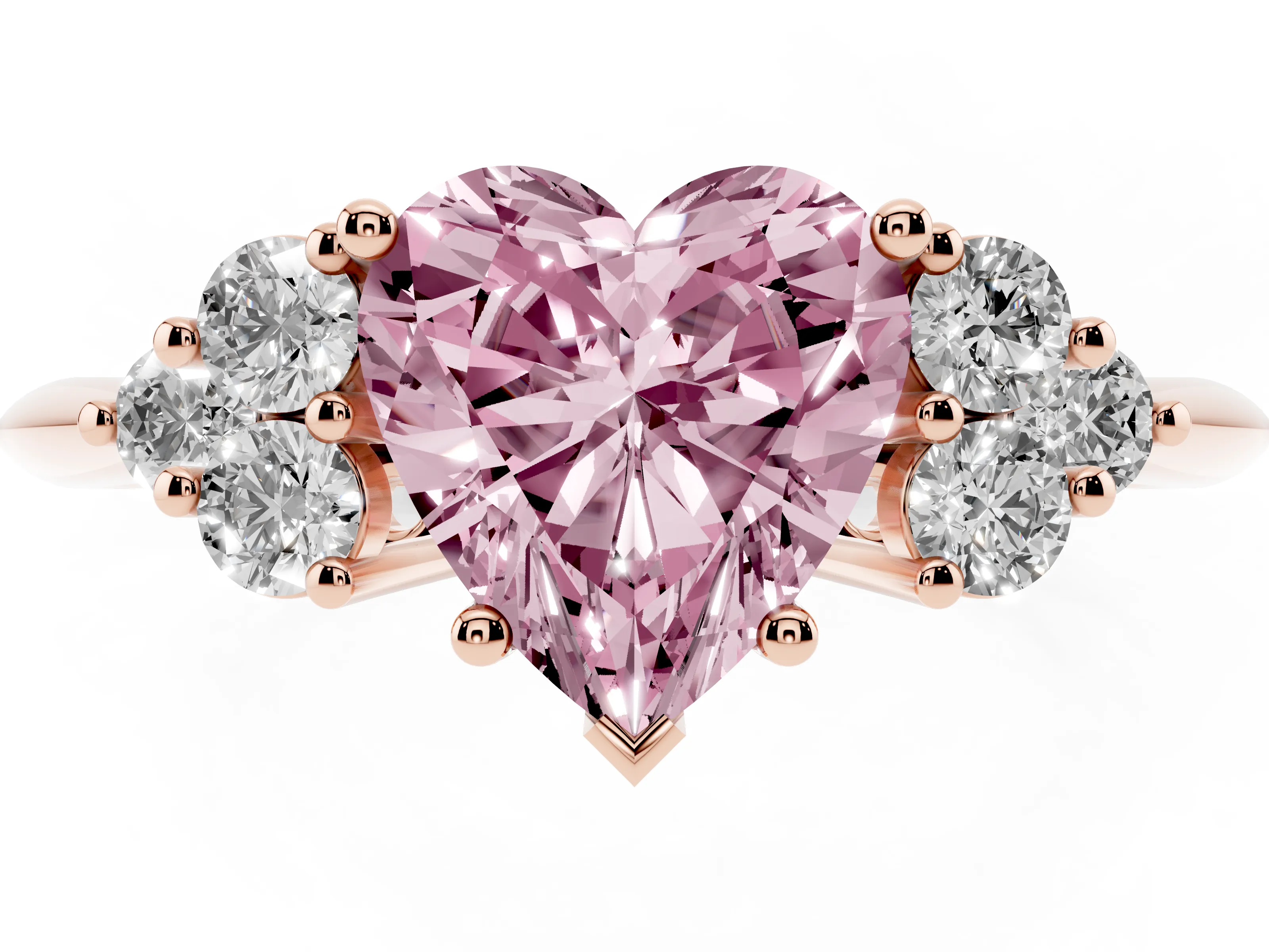Fancy Pink Heart Cut Diamond Cluster Ring Set in Rose gold with Plain Band and Prong Setting