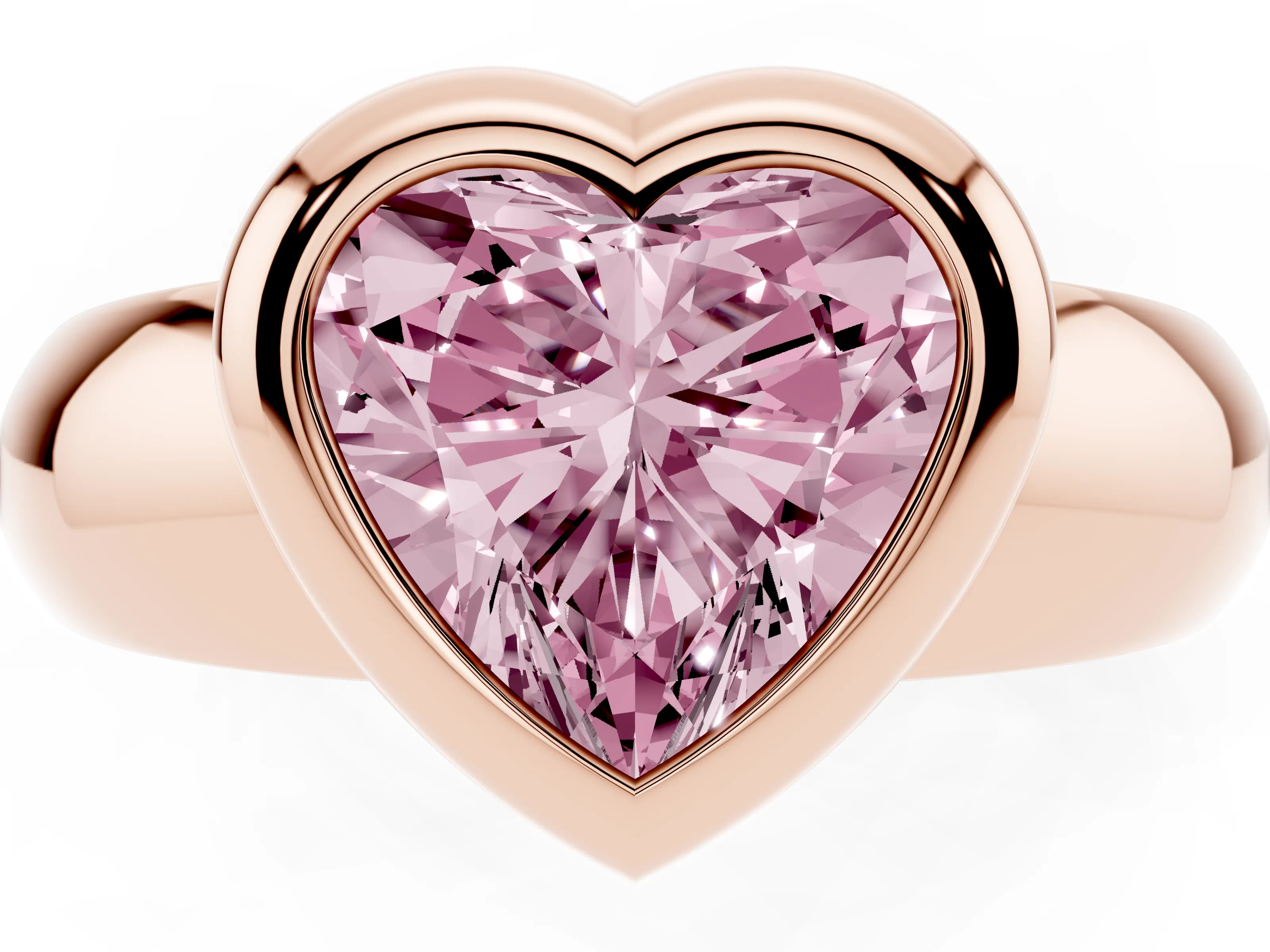 Fancy Pink Bezel Set Heart Cut Diamond Solitaire Ring Set in Rose gold with Wide Band