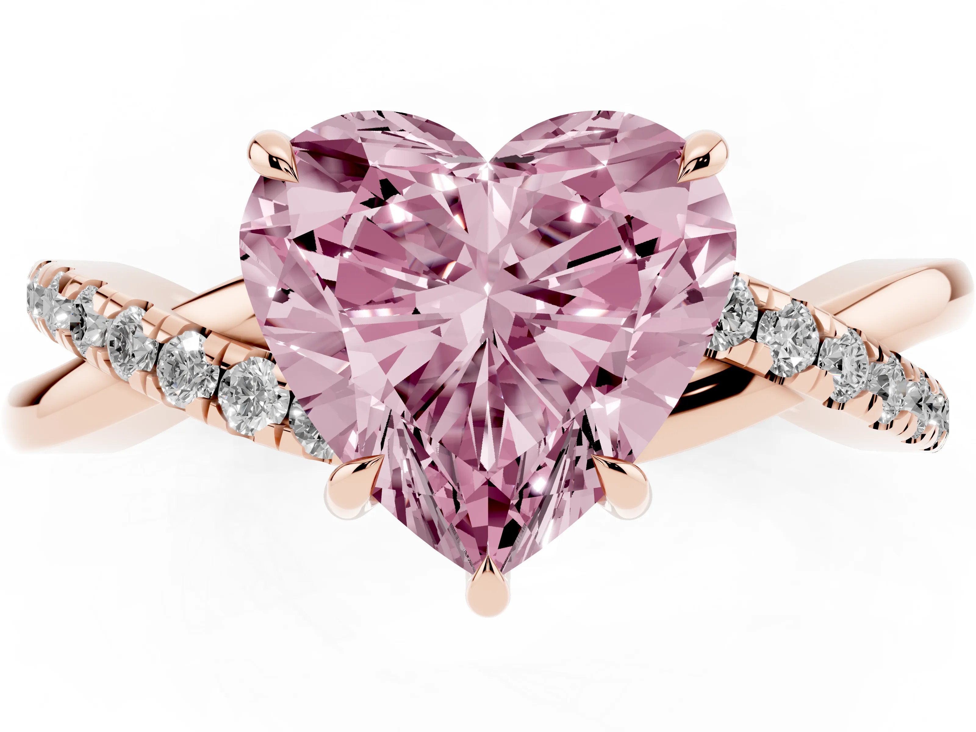 Fancy Pink Heart Cut Diamond Twisted Pavé Band Ring Set in Rose gold with Prong Setting