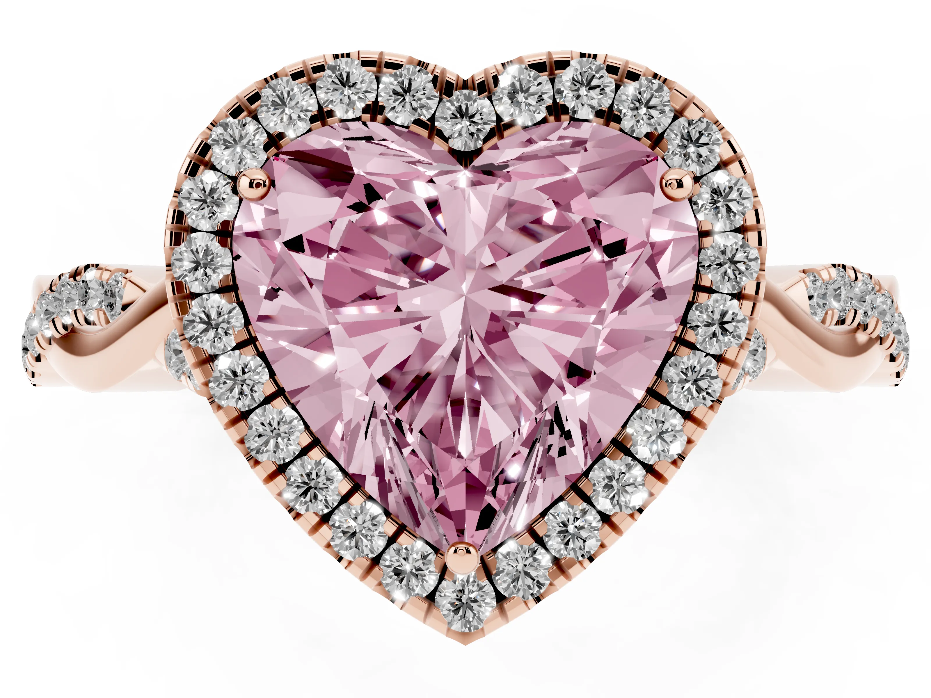 Fancy Pink Heart Cut Diamond Halo Twist Band Solitaire Ring Set in Rose gold with Prong Setting
