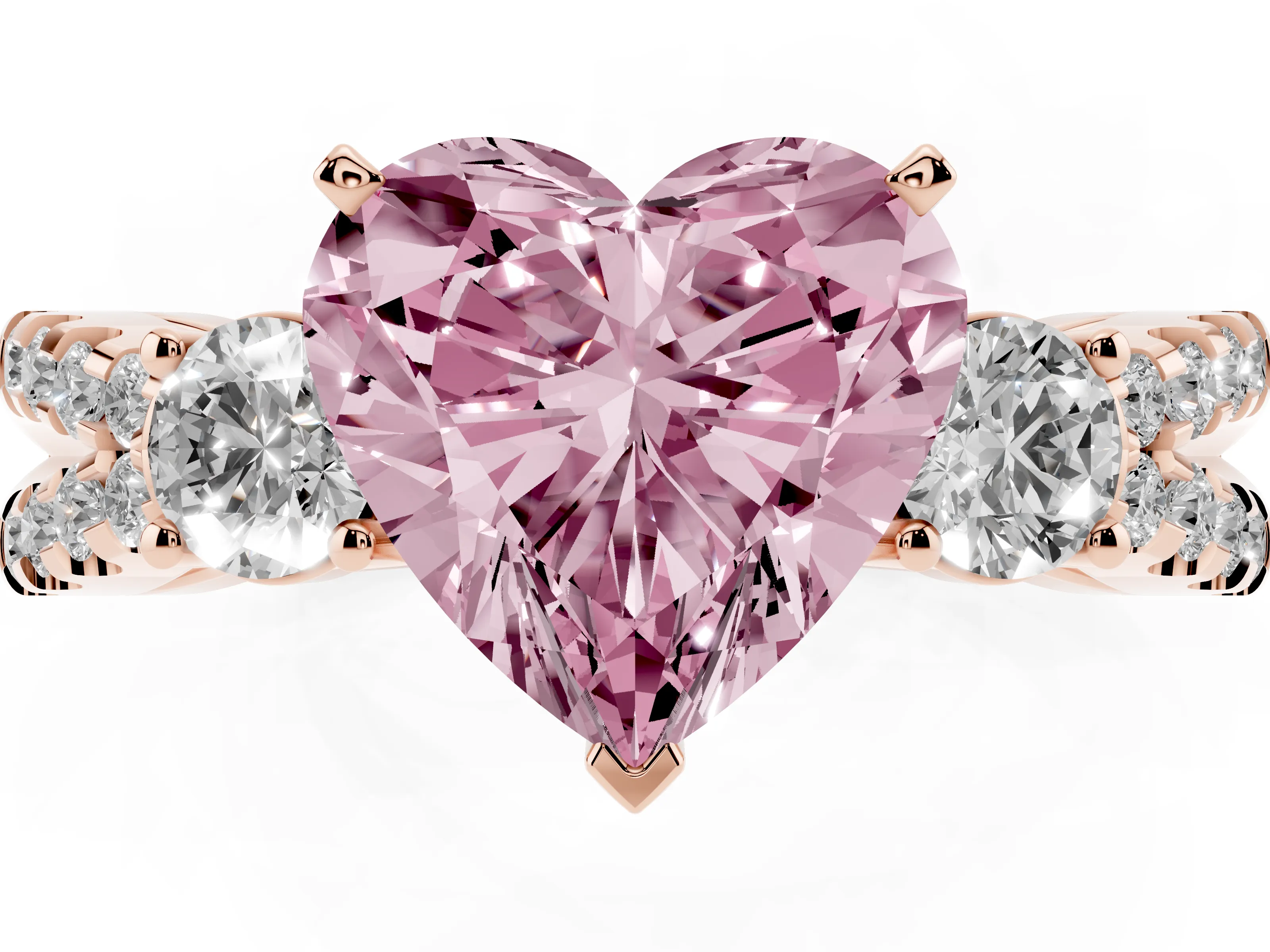 Fancy Pink Heart Cut Diamond Three-Stone Ring Set in Rose gold with Pavé Split Shank and Prong Setting