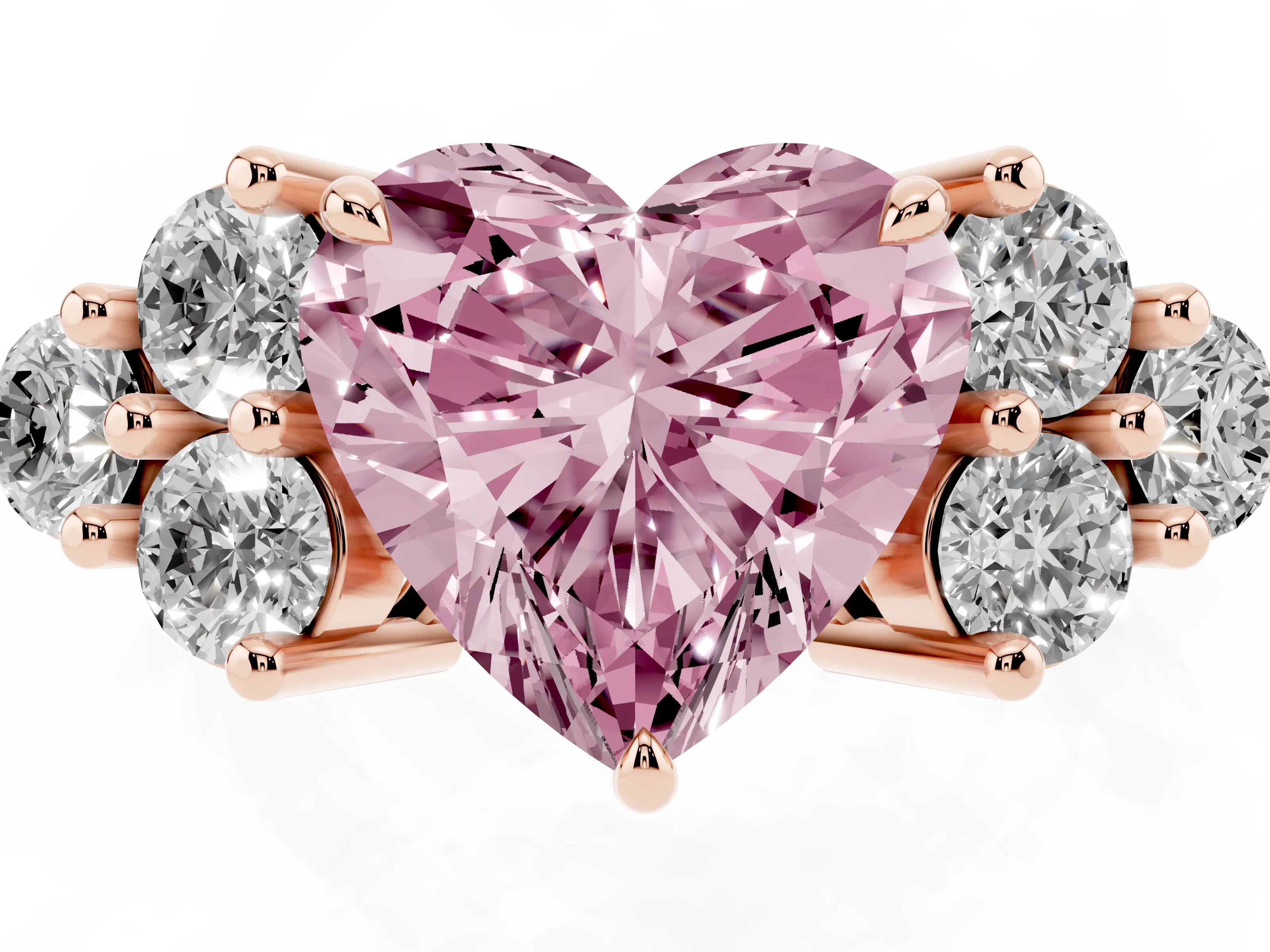 Fancy Pink Heart Cut Diamond Solitaire Ring Set in Rose gold with Cluster Accents on Each Side