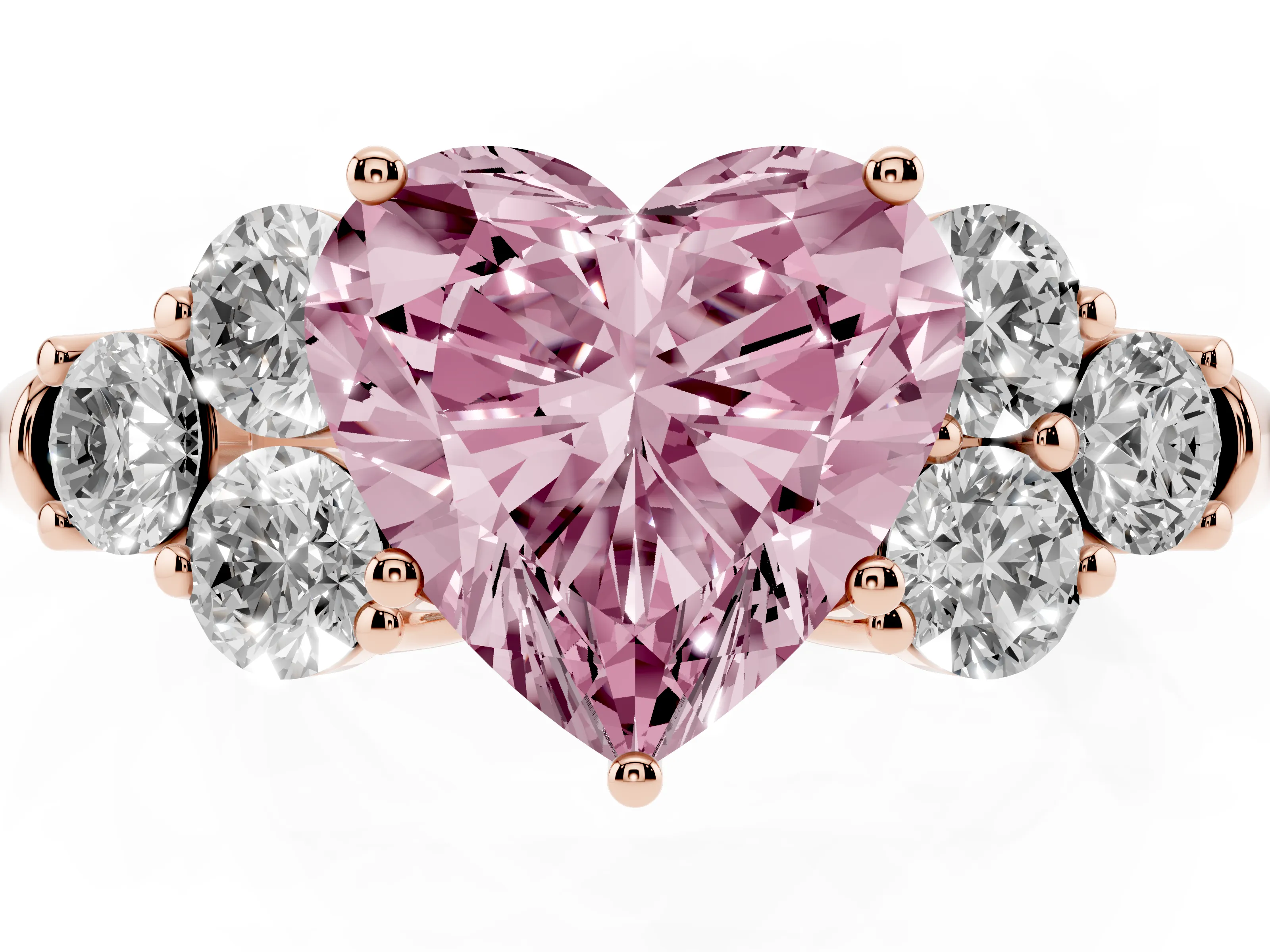 Fancy Pink Heart Cut Diamond Cluster Ring Set in Rose gold with Round Accent Stones and Prong Setting on a Plain Band