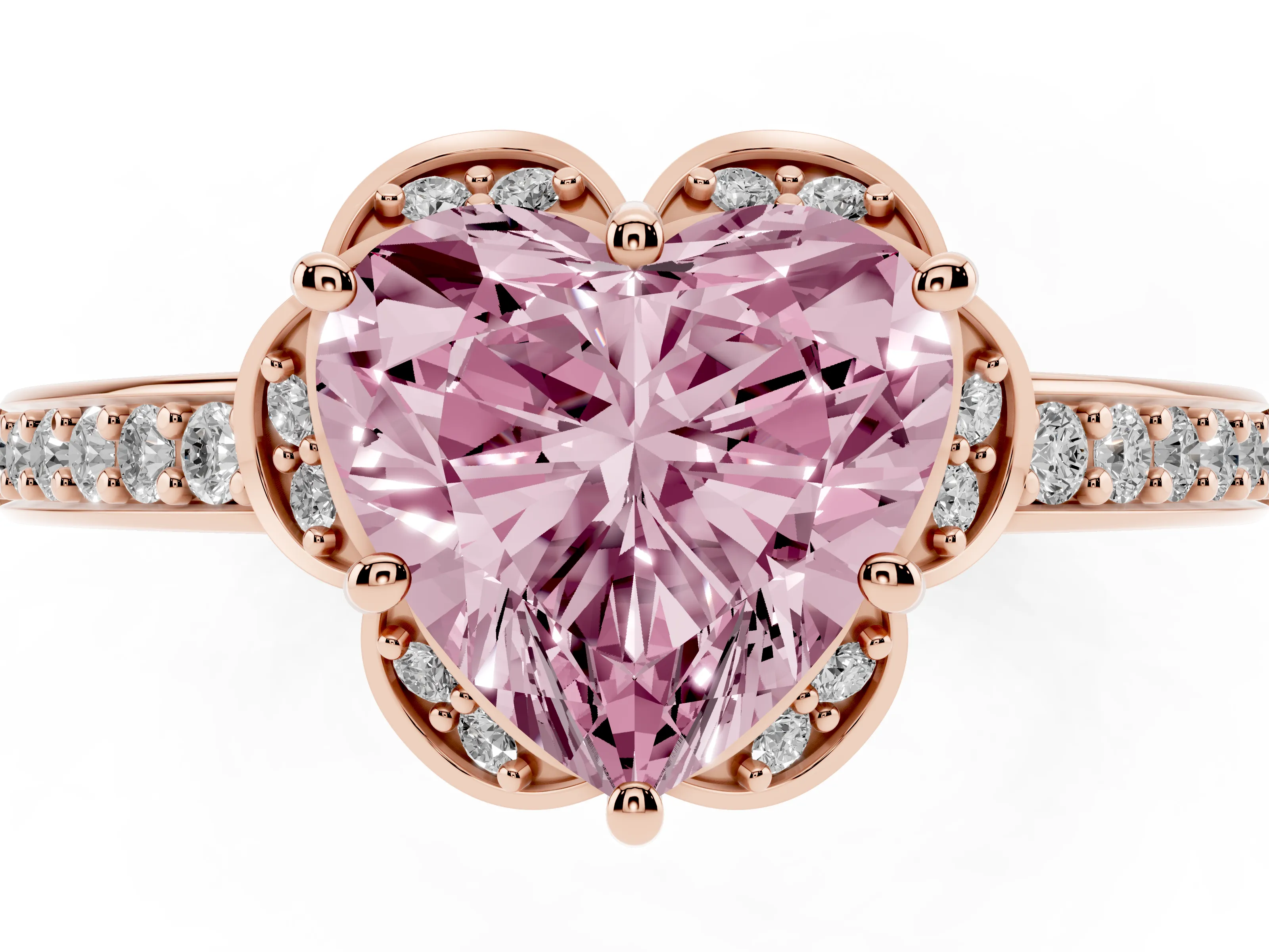 Fancy Pink Heart Cut Diamond Halo Ring Set in Rose gold with Channel Set Band and Prong Setting
