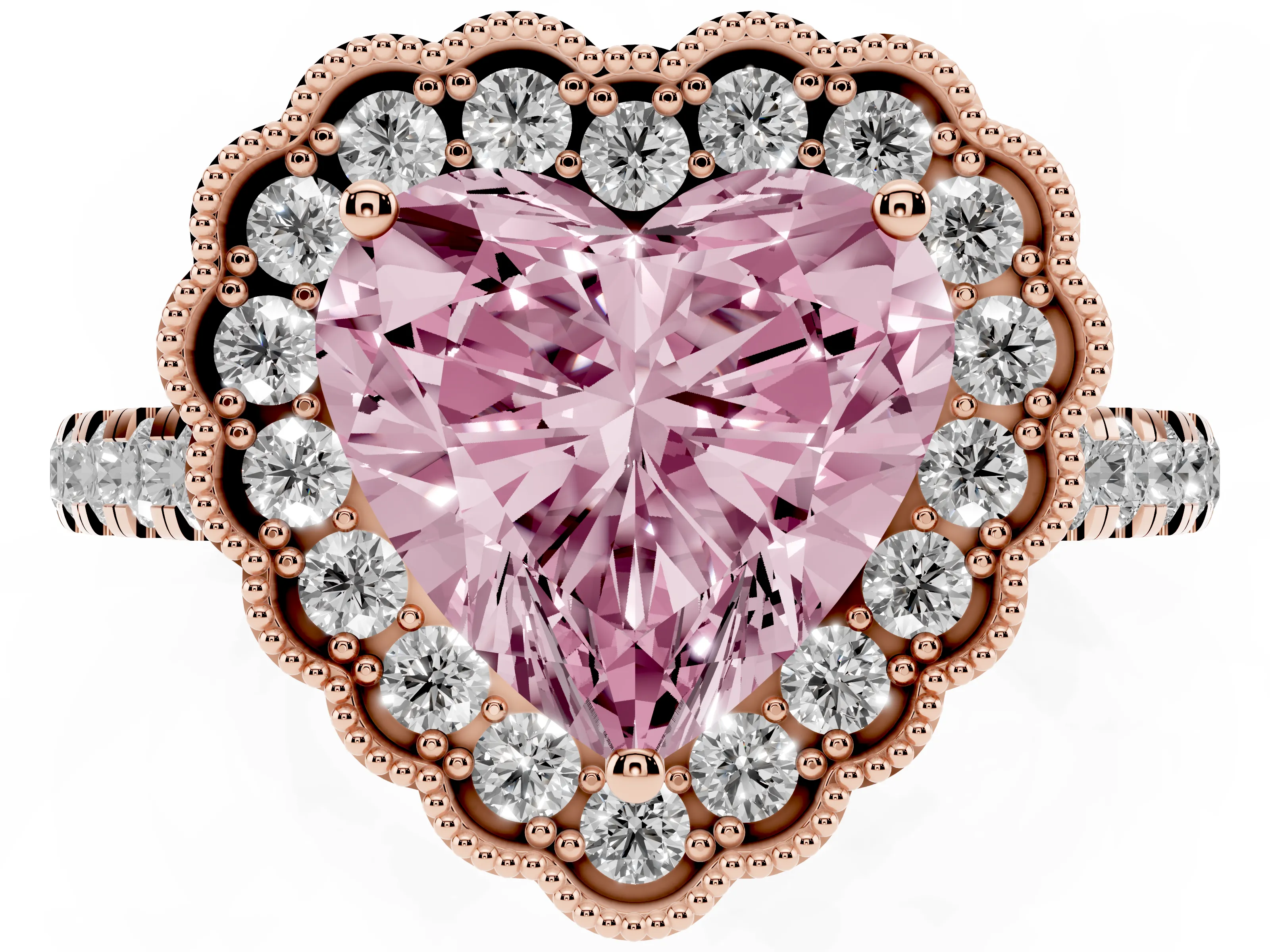 Fancy Pink Heart Cut Diamond Milgrain Floral Halo Engagement Ring Set in Rose gold with Pavé Band