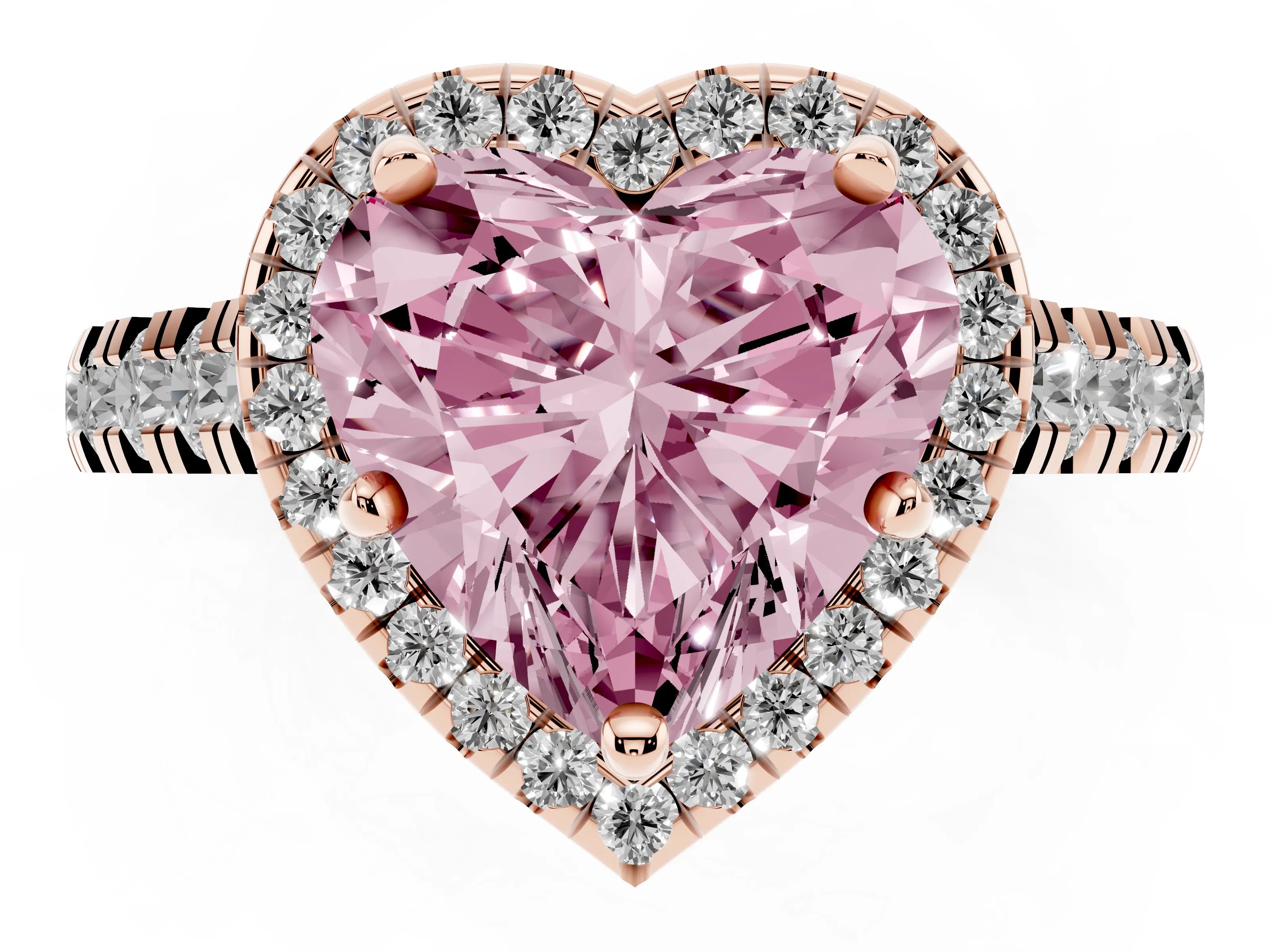 Fancy Pink Heart Cut Diamond Halo Engagement Ring Set in Rose gold with Pavé Band and Prong-Set Center