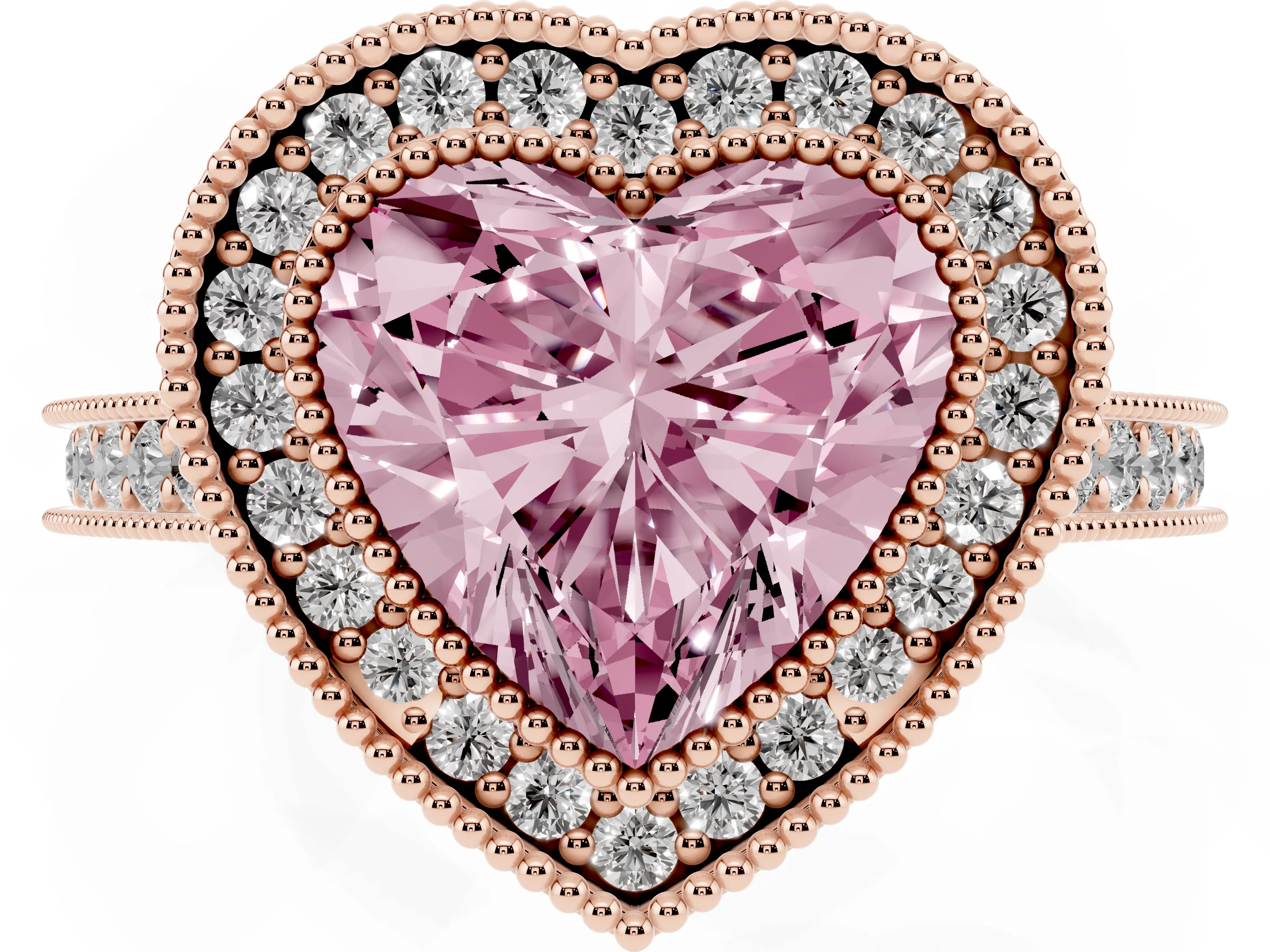Fancy Pink Heart Cut Diamond Halo Milgrain Pavé Band Ring Set in Rose gold with Prong Setting