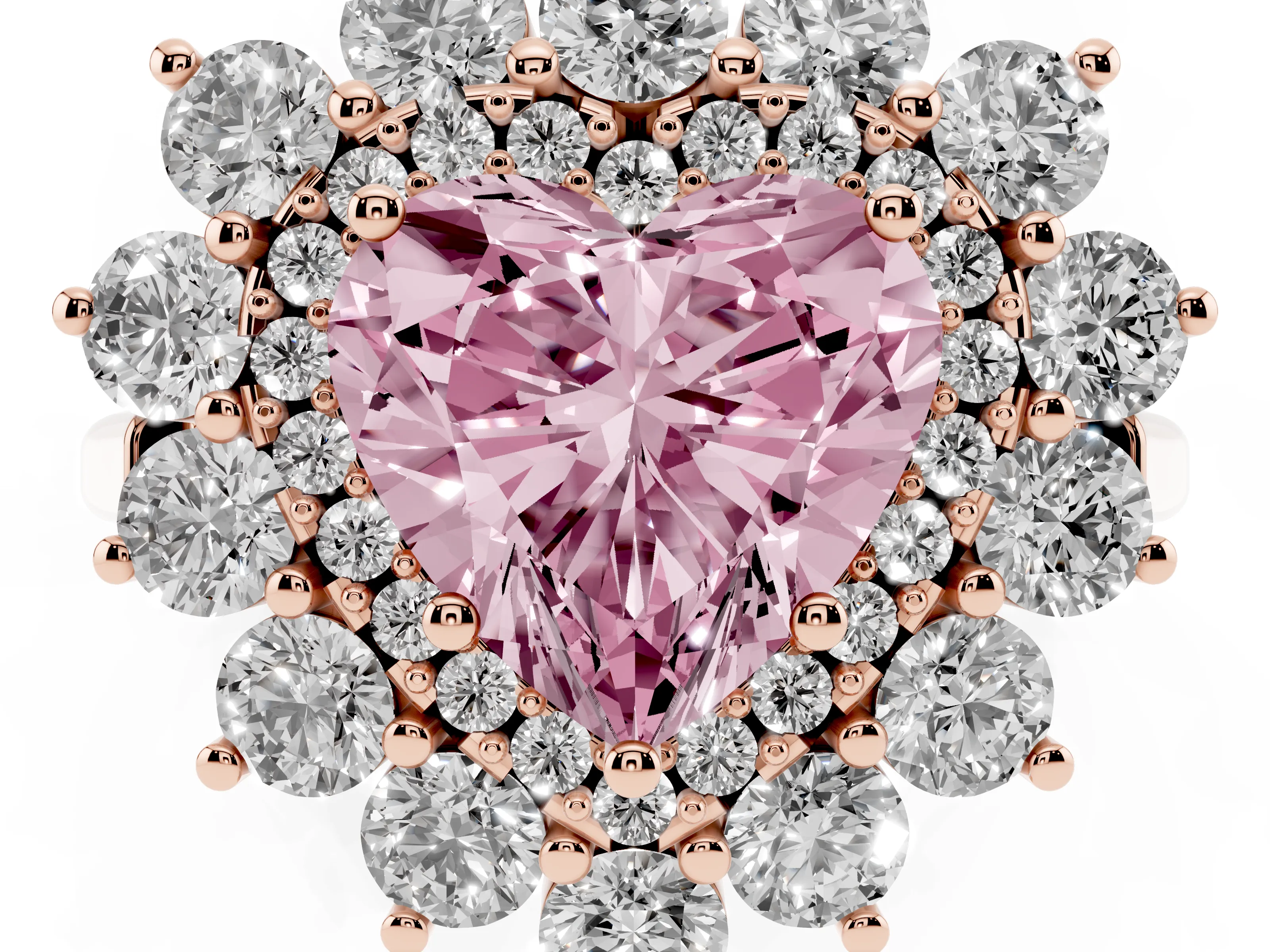 Fancy Pink Heart Cut Diamond Floral Double Halo Ring Set in Rose gold with Round Petals