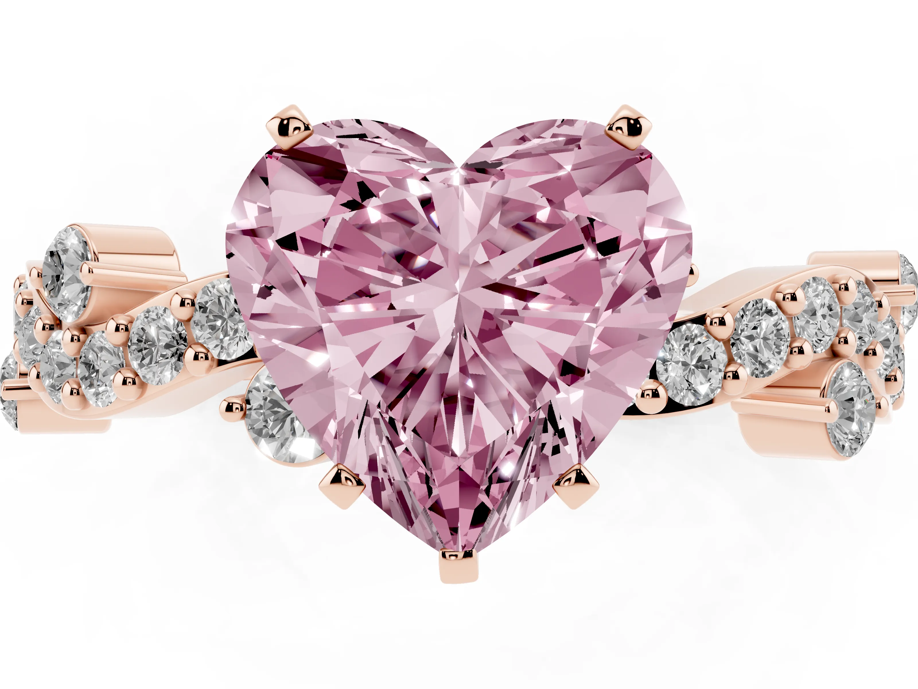 Fancy Pink Heart Cut Diamond Solitaire Twisted Band Set in Rose gold with Pavé Setting