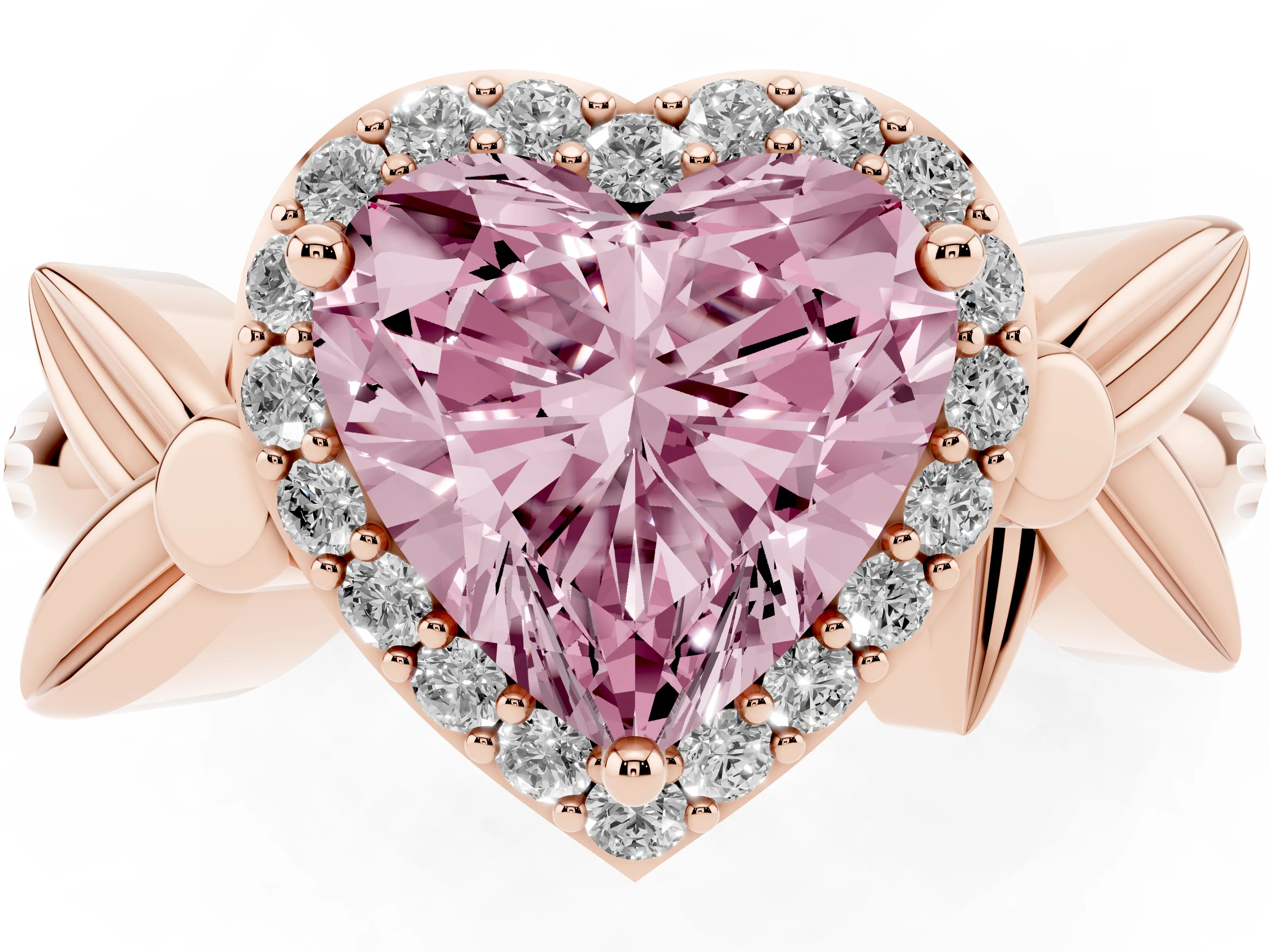 Fancy Pink Heart Cut Diamond Halo Floral Band Ring Set in Rose gold with Prong Setting