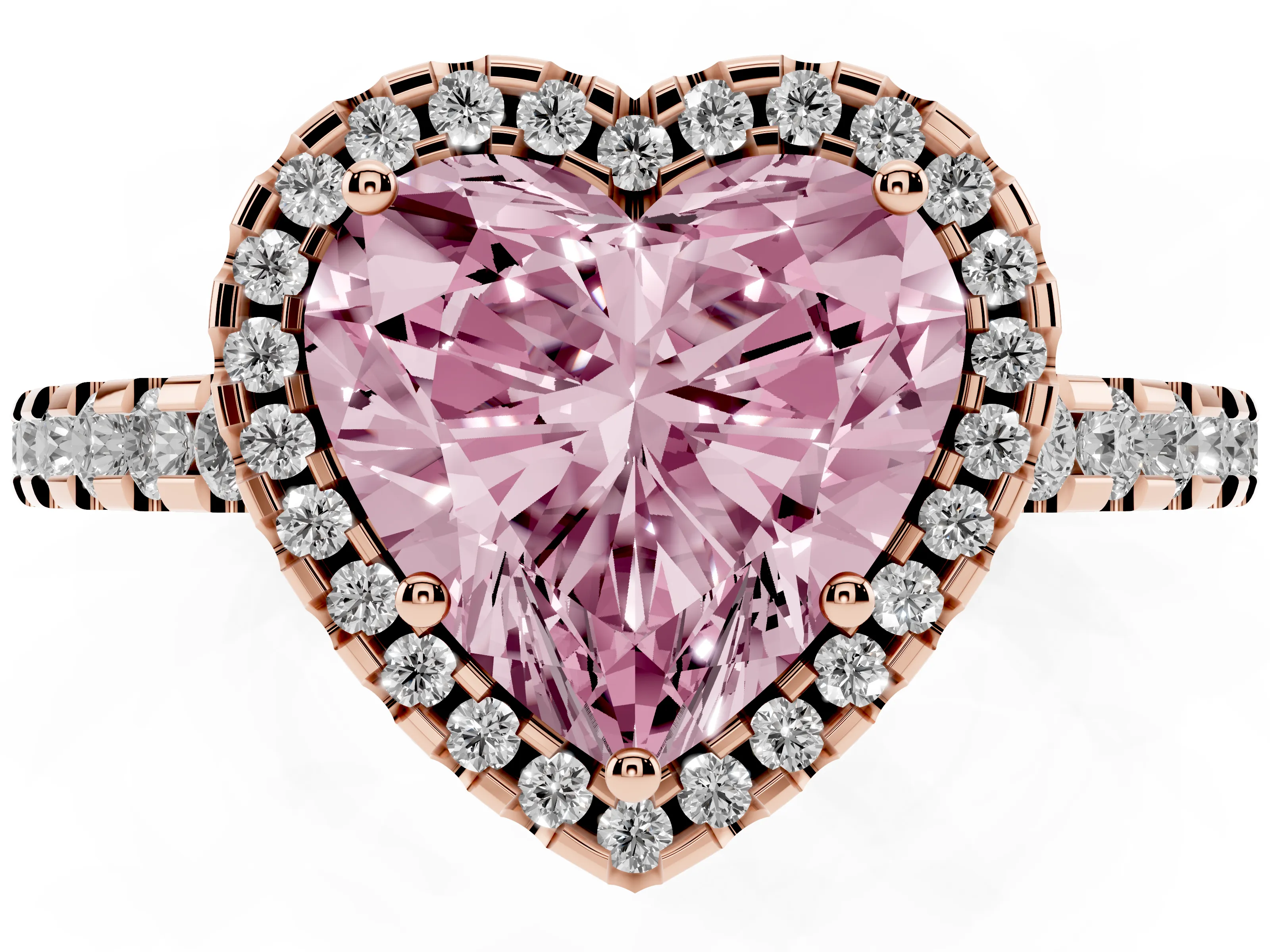 Fancy Pink Heart Cut Diamond Halo Ring Set in Rose gold with Pavé Shoulders and Halo-Framed Center