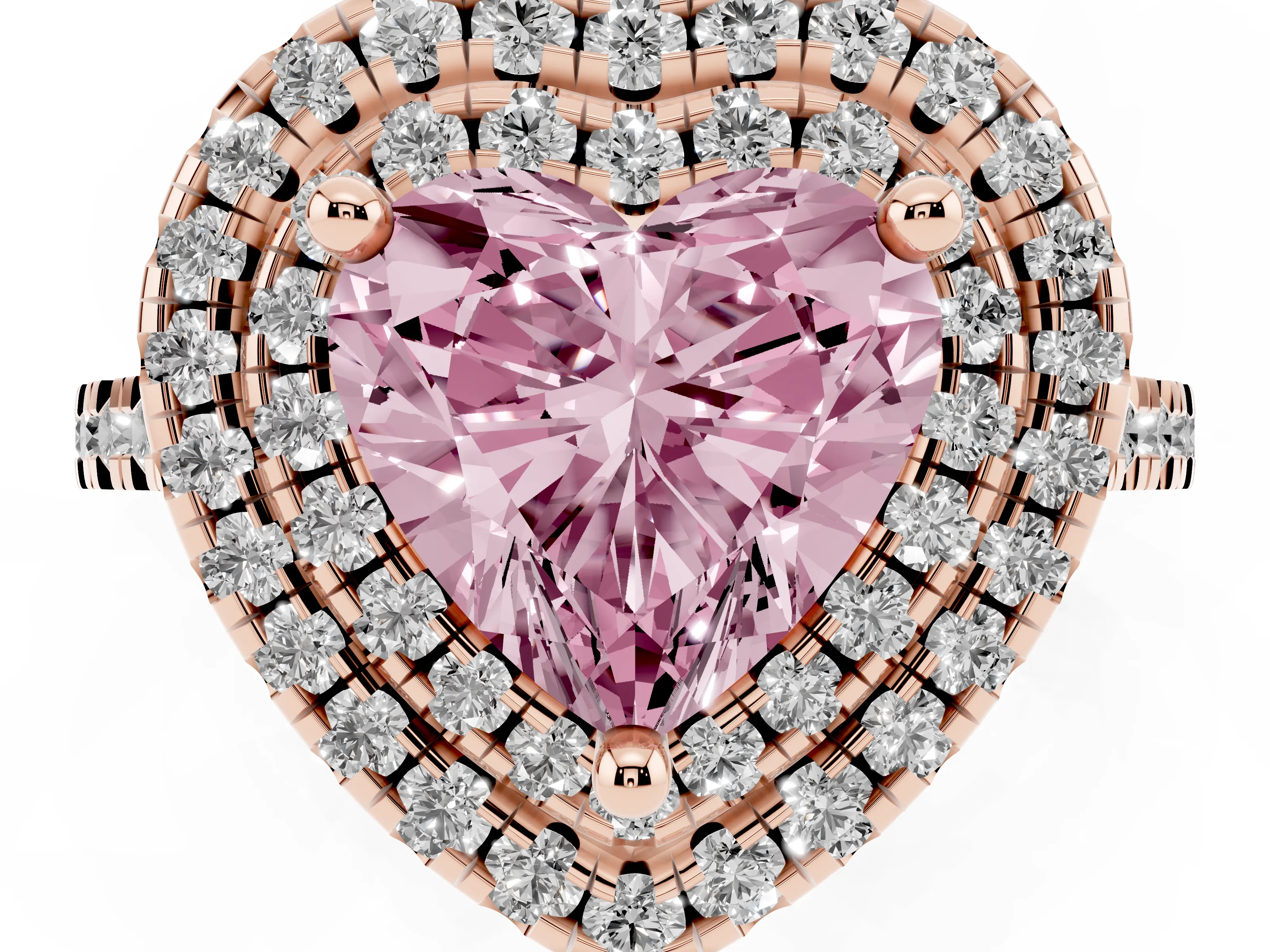 Fancy Pink Heart Cut Diamond Double Halo Statement Ring Set in Rose gold with Pavé Band