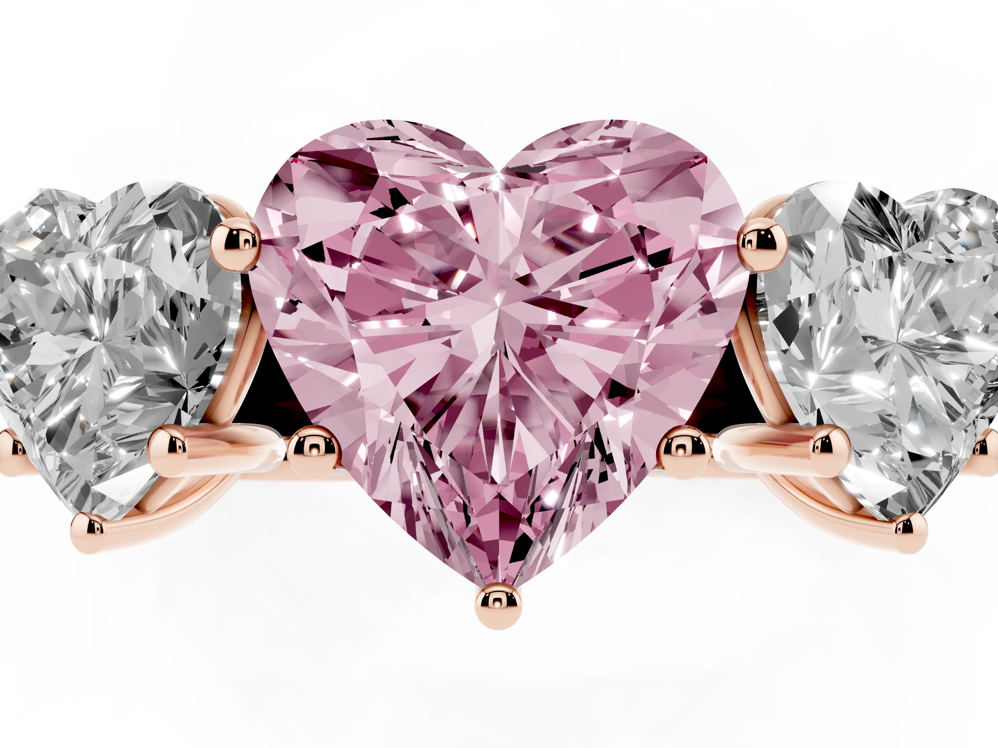 Fancy Pink Heart Cut Diamond Three-Stone Ring Set in Rose gold with Plain Polished Band