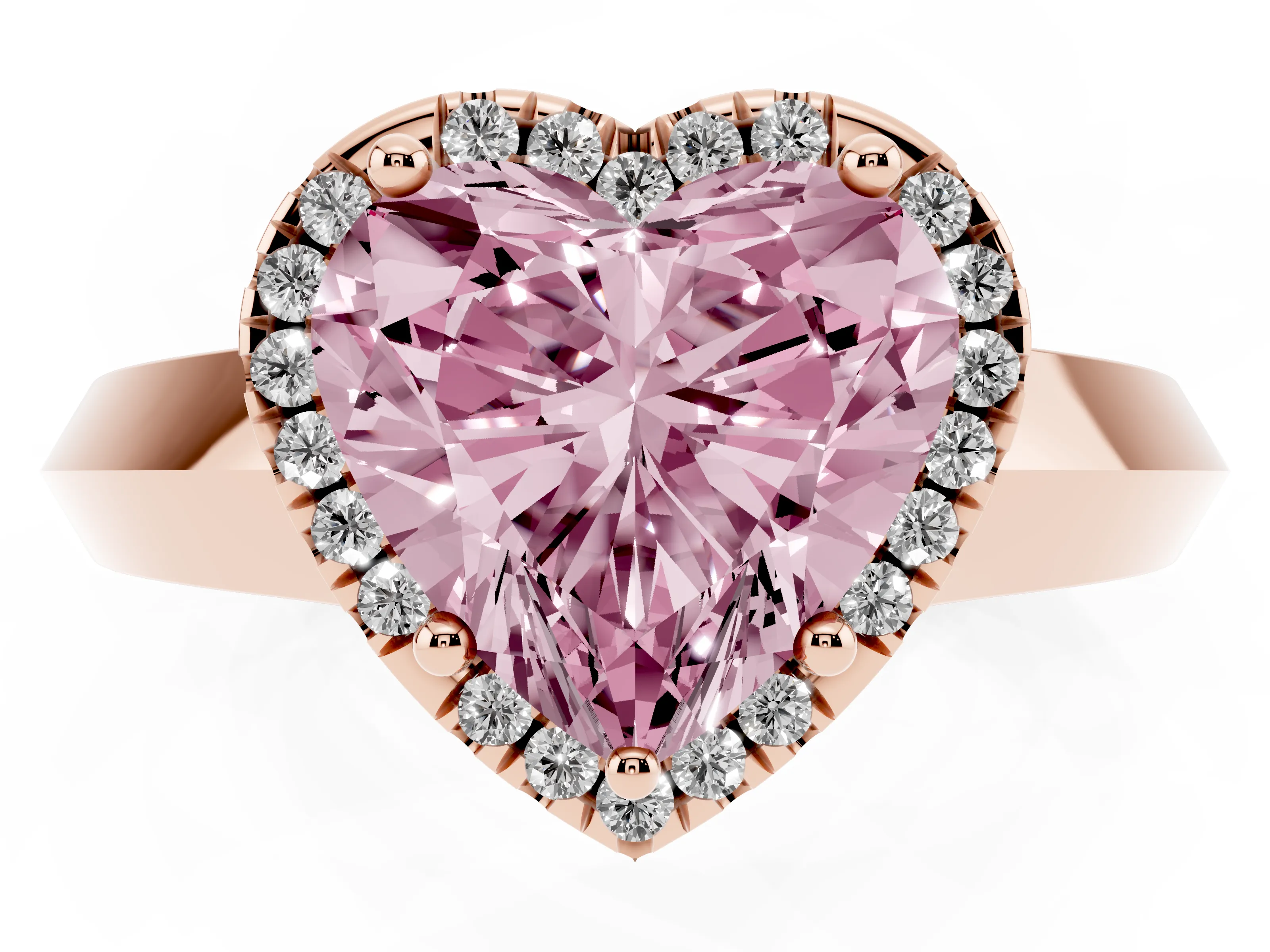 Fancy Pink Heart Cut Diamond Halo Ring Set in Rose gold with Cathedral Band and Prong Setting