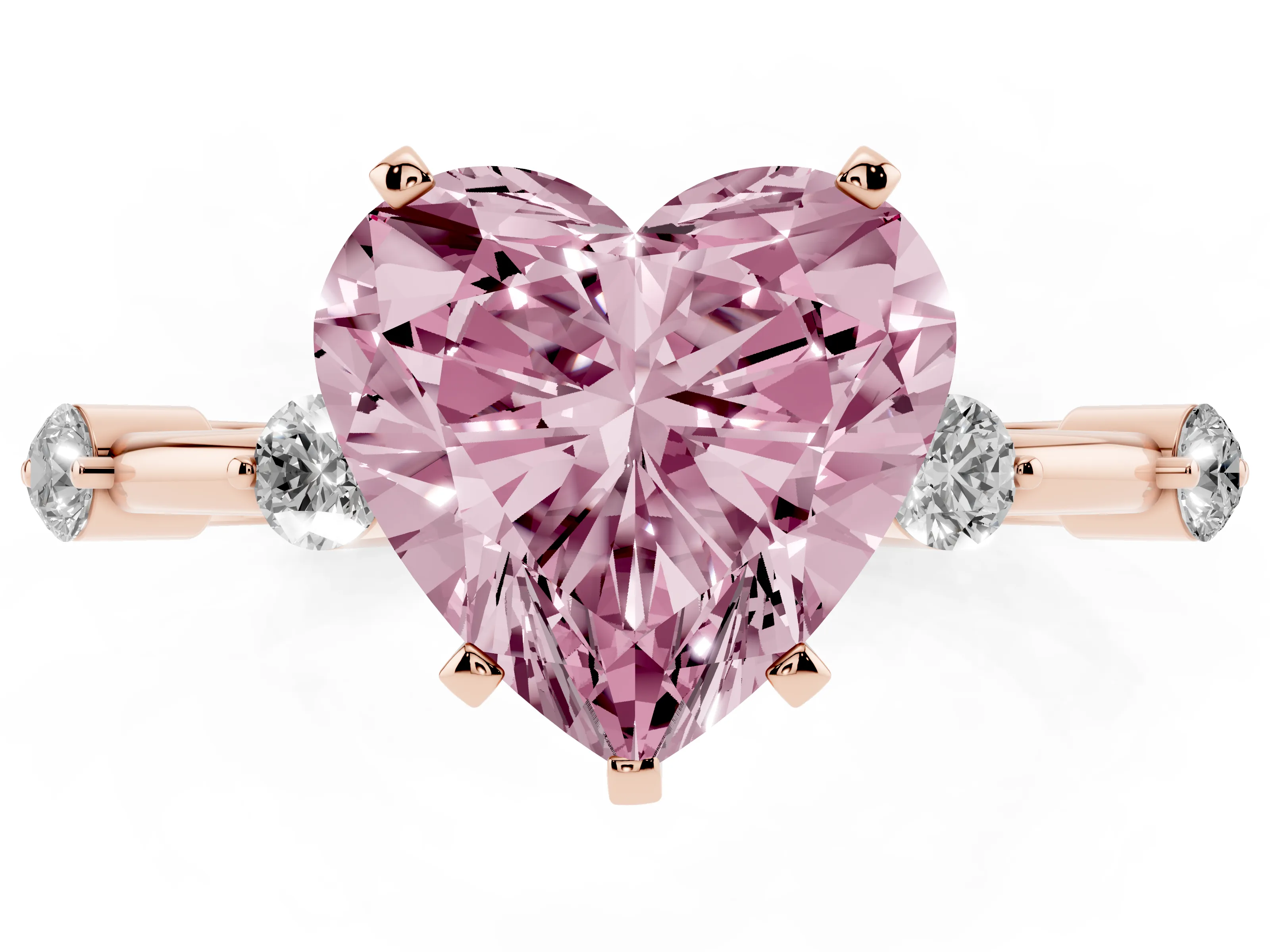 Fancy Pink Heart Cut Diamond Solitaire Ring Set in Rose gold with Bezel Set Side Stones and Prong Setting