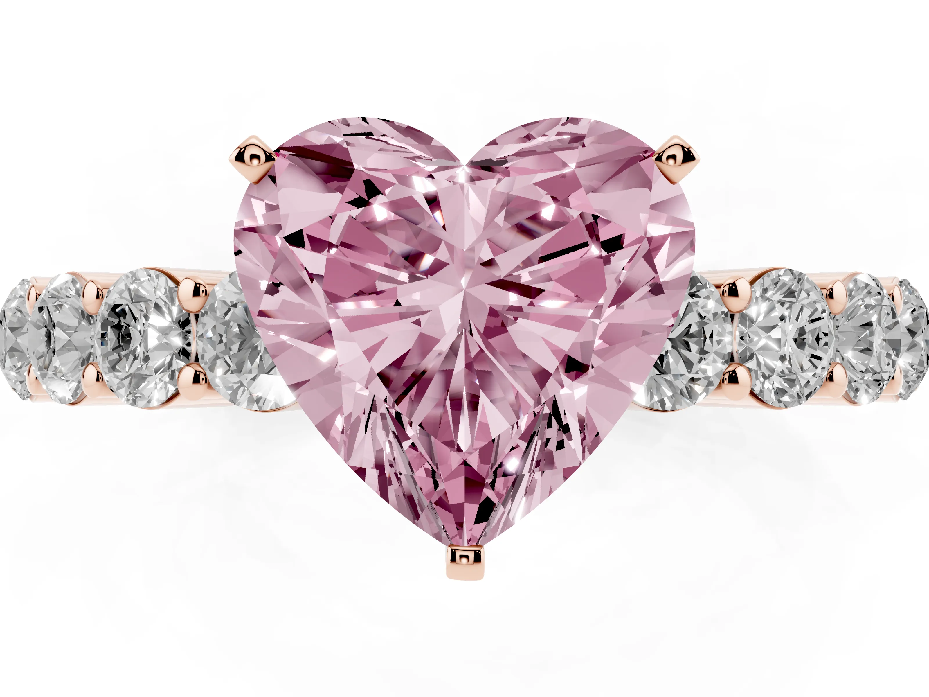 Fancy Pink Heart Cut Diamond Solitaire Ring Set in Rose gold with Shared Prong Round Side Stones