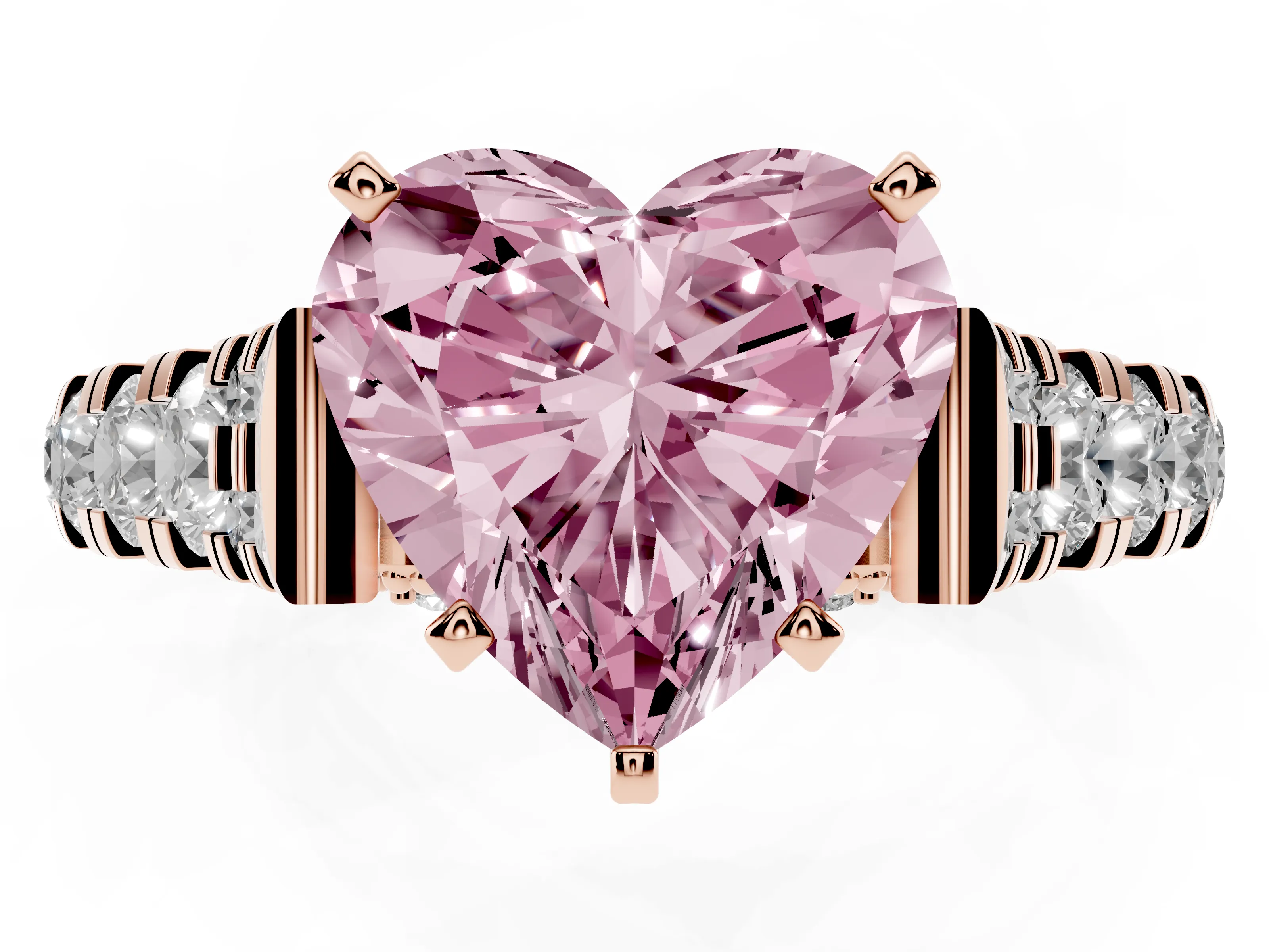 Fancy Pink Heart Cut Diamond Classic Solitaire Ring Set in Rose gold with Pavé Band and Prong Setting