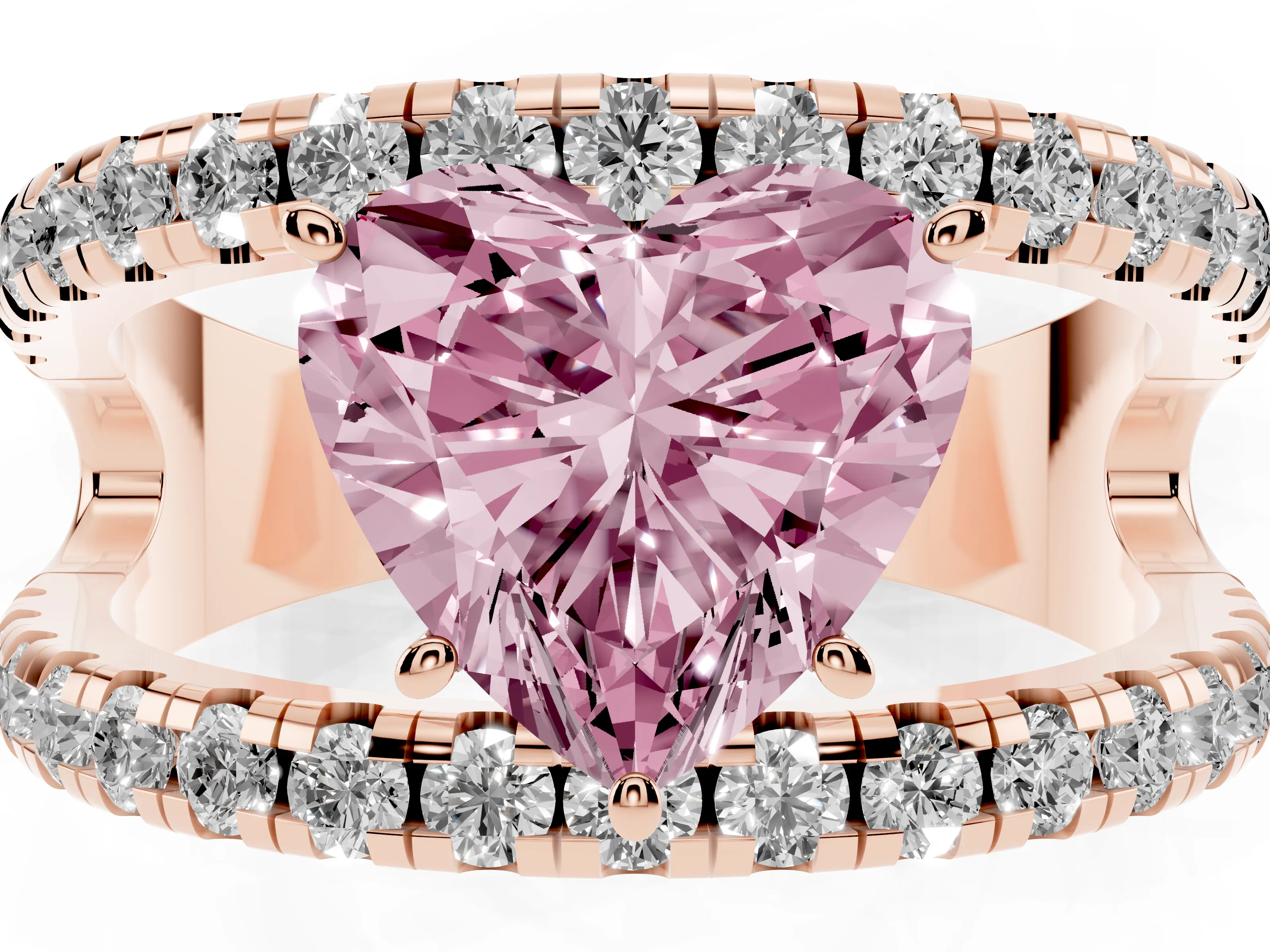 Fancy Pink Heart Cut Diamond Split Shank Pavé Solitaire Ring Set in Rose gold with Open Shank Design