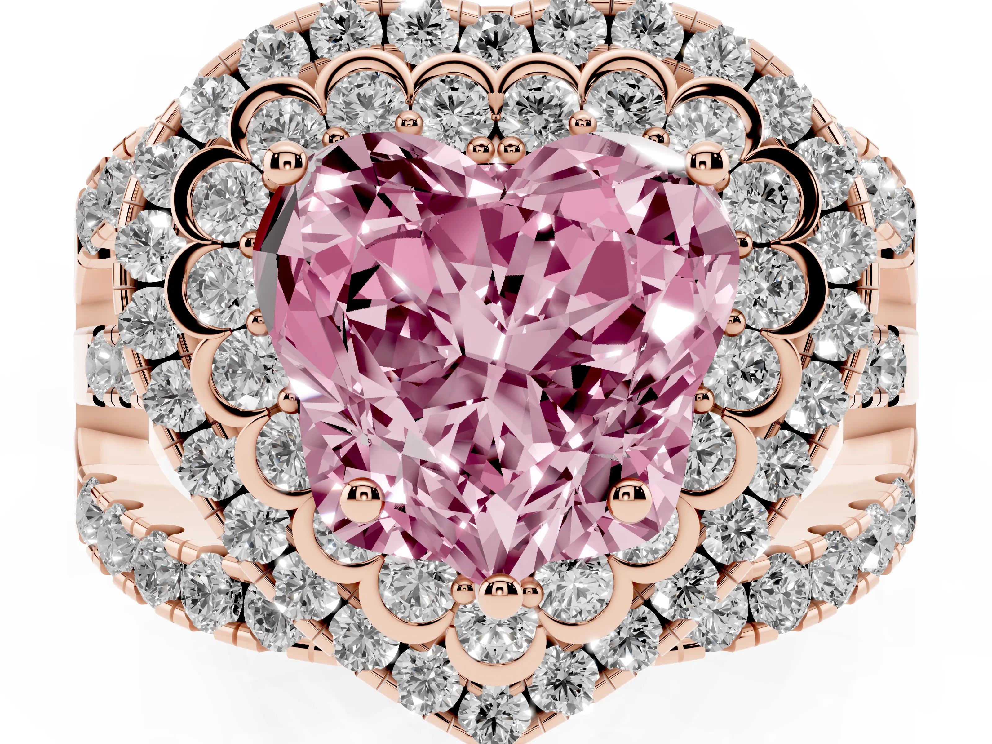 Fancy Pink Heart Cut Diamond Double Halo Ring Set in Rose gold with Round Pavé Split Shank