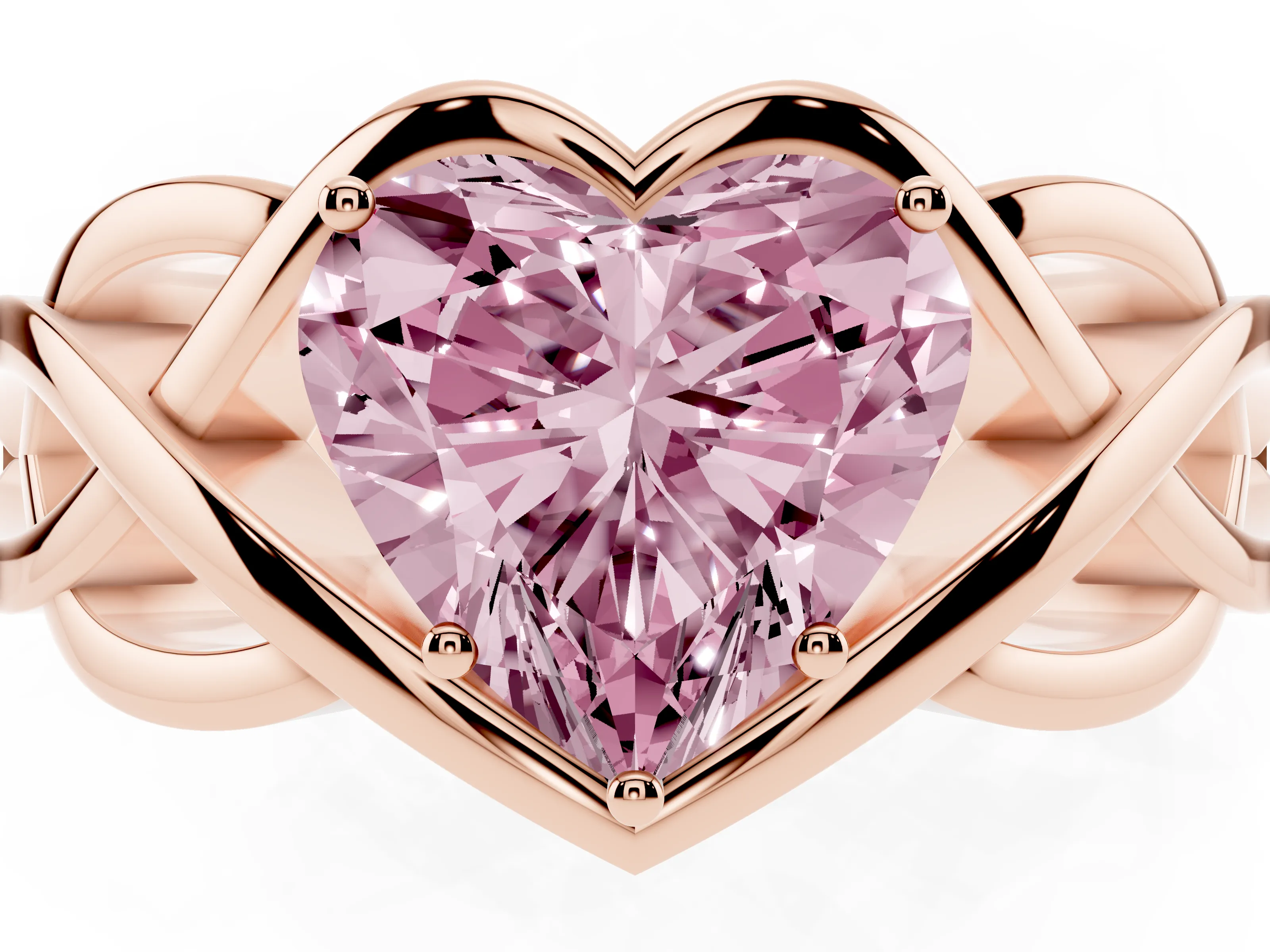 Fancy Pink Heart Cut Diamond Solitaire Ring Set in Rose gold with Intertwined Band
