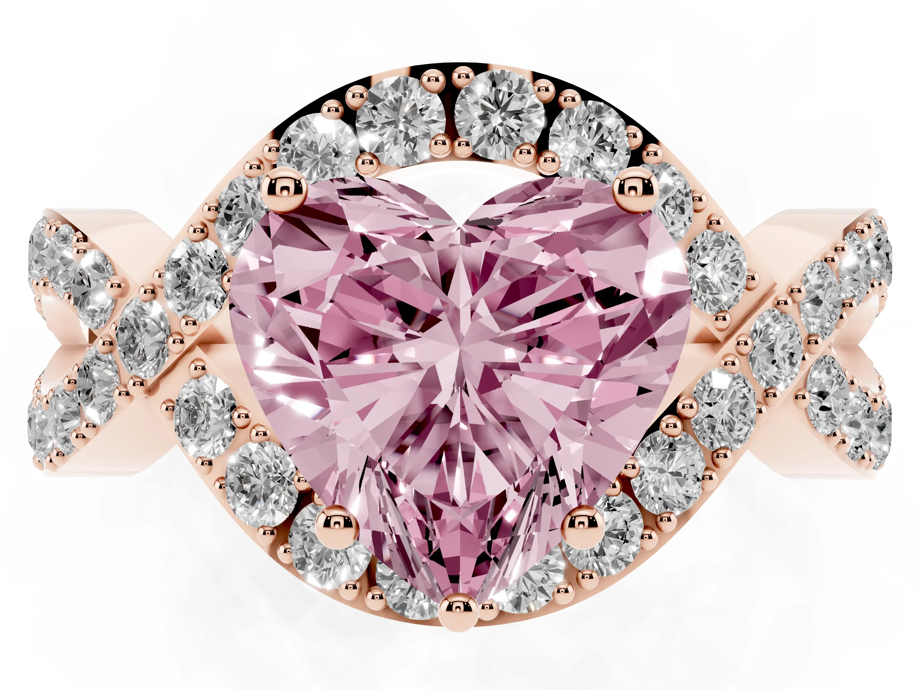 Fancy Pink Heart Cut Diamond Solitaire Twist Band Pavé Engagement Ring Set in Rose gold