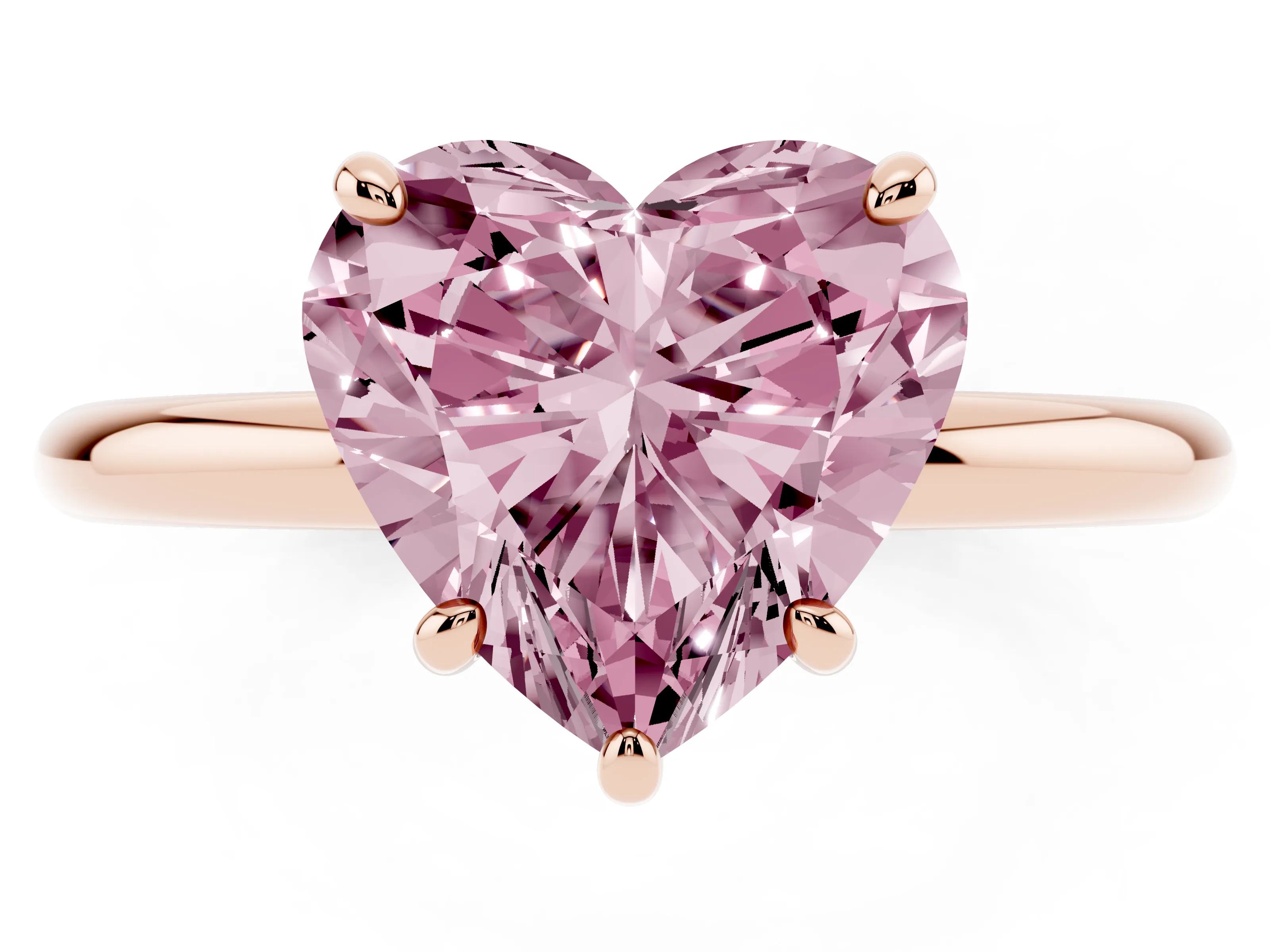 Fancy Pink Heart Cut Diamond Solitaire Ring Set in Rose gold with Prong Setting on a Polished Plain Band