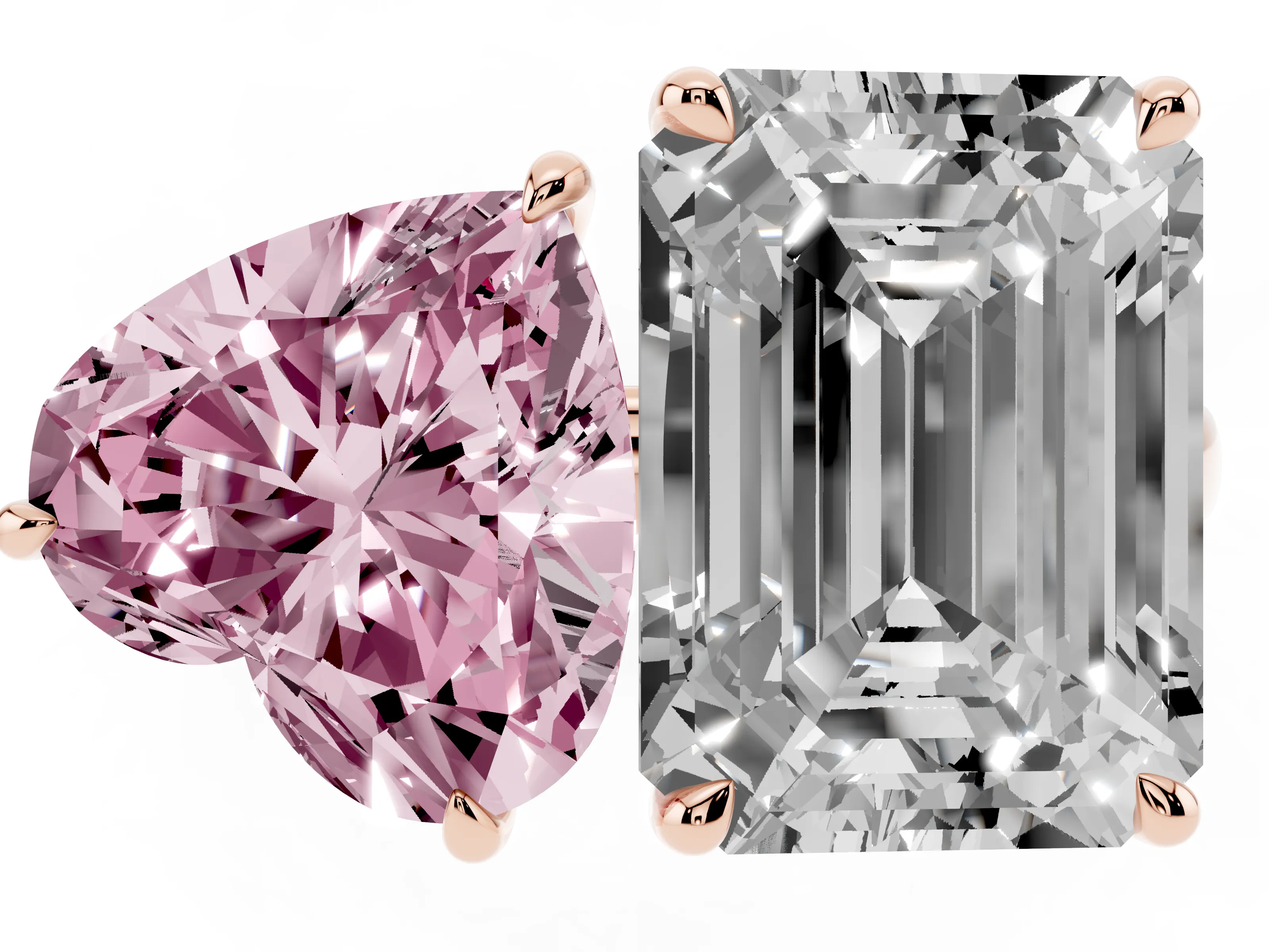 Fancy Pink Heart Cut and Emerald Cut Toi Moi Ring Set in Rose gold with Prong Setting