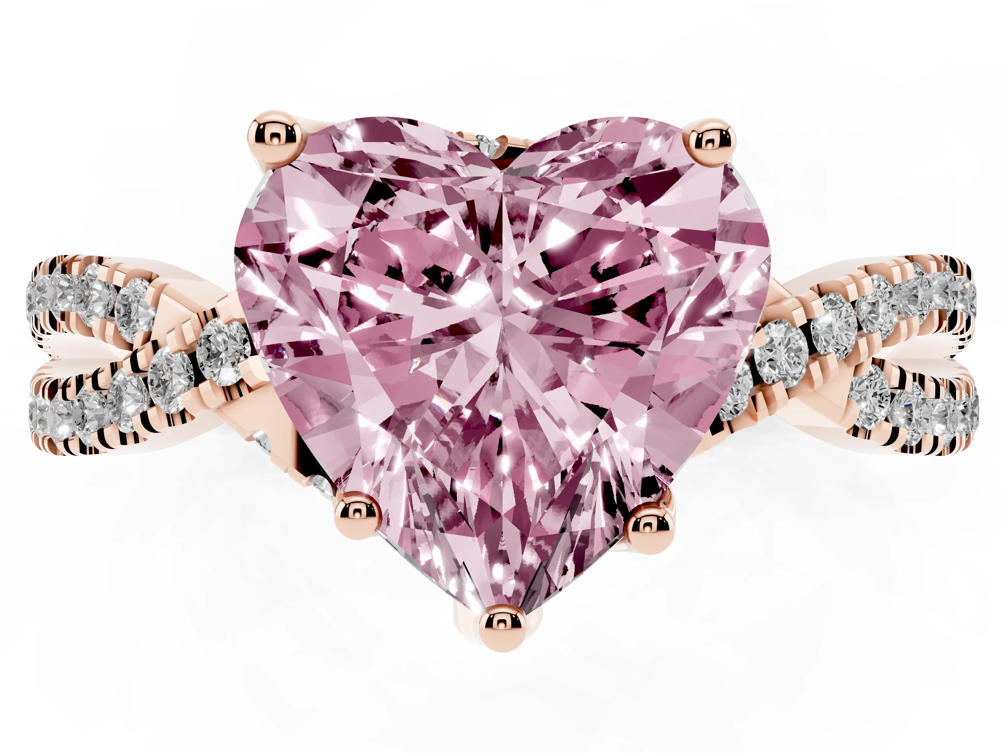 Fancy Pink Heart Cut Diamond Twist Pavé Solitaire Engagement Ring Set in Rose gold with Prong Setting
